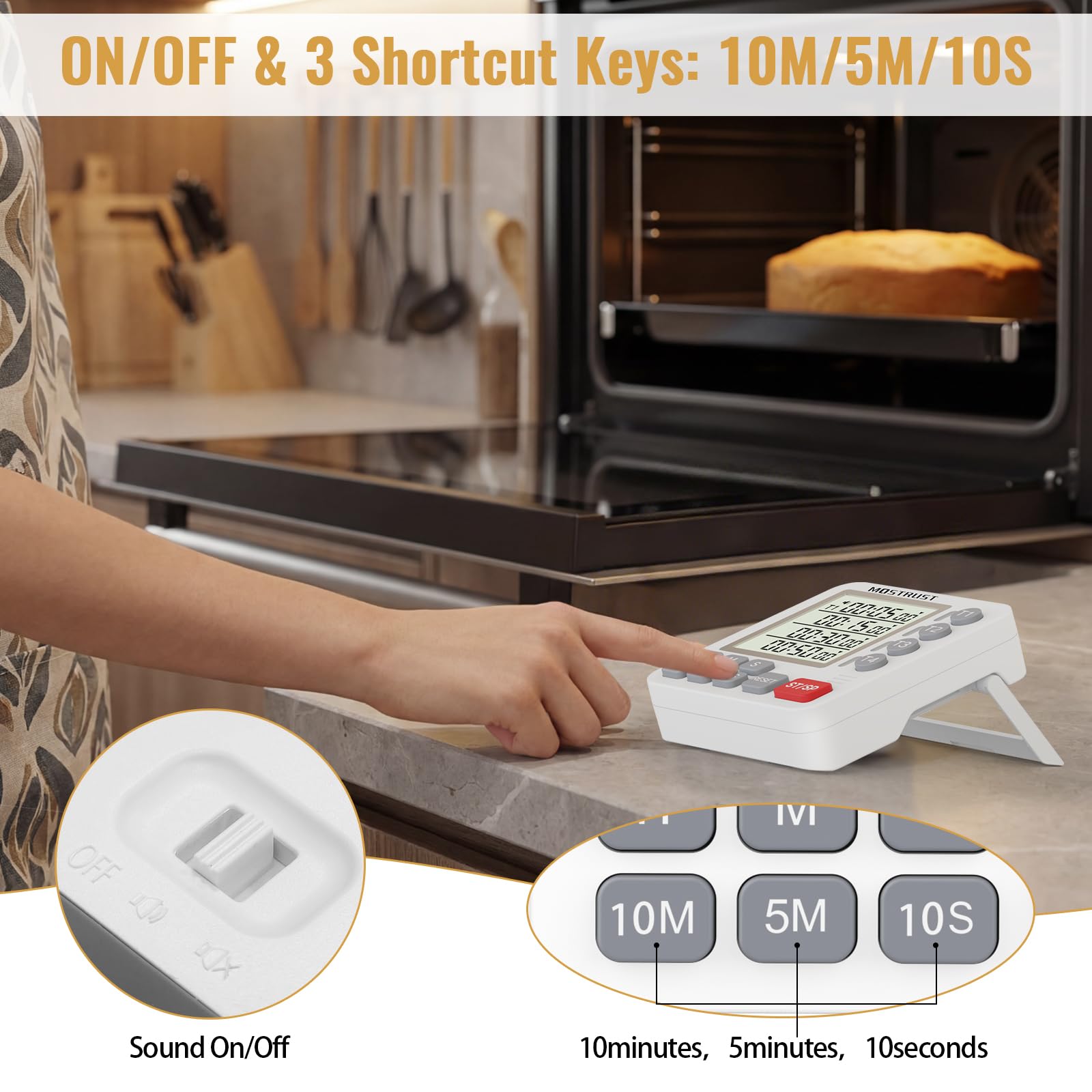 MOSTRUST Digital Dual Kitchen Timer, 4 Channels Independent Countdown Timer, Large Display, On/Off, Loud Volume Alarm and Flashing Light with Magnetic Back, Stand, Battery Included (White)