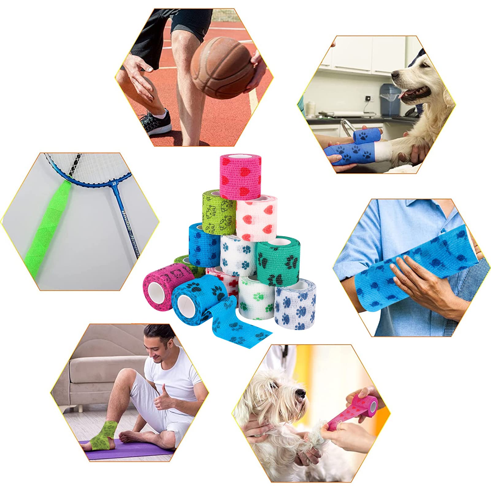FANKUTOYS 12 Rolls Pet Self Adhesive Bandage, Pet Vet Wrap Tape Elastic Bandages 2" x 5 yd Non-Woven Cohesive Gauze Rolls for Dog Cat Animals Sport Wrist Healing Ankle Sprain & Swelling