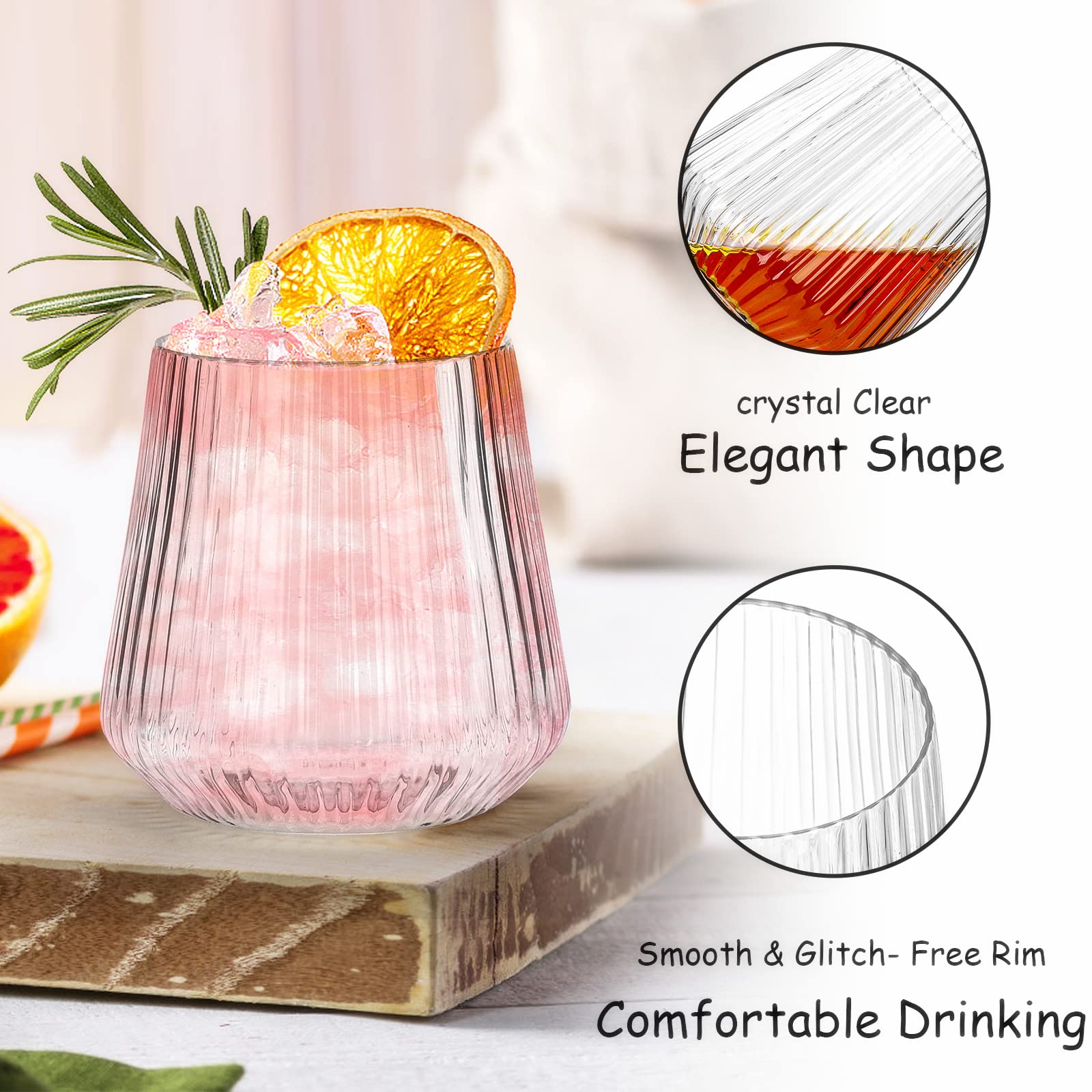 Tebery 20 Pack Plastic Ribbed Wine Glasses, 12 Oz Unbreakable Stemless Cocktail Cups for Party, Reusable Origami Style Ridged Drinking Tumbler for Champagne Catering Wedding Picnic Bar