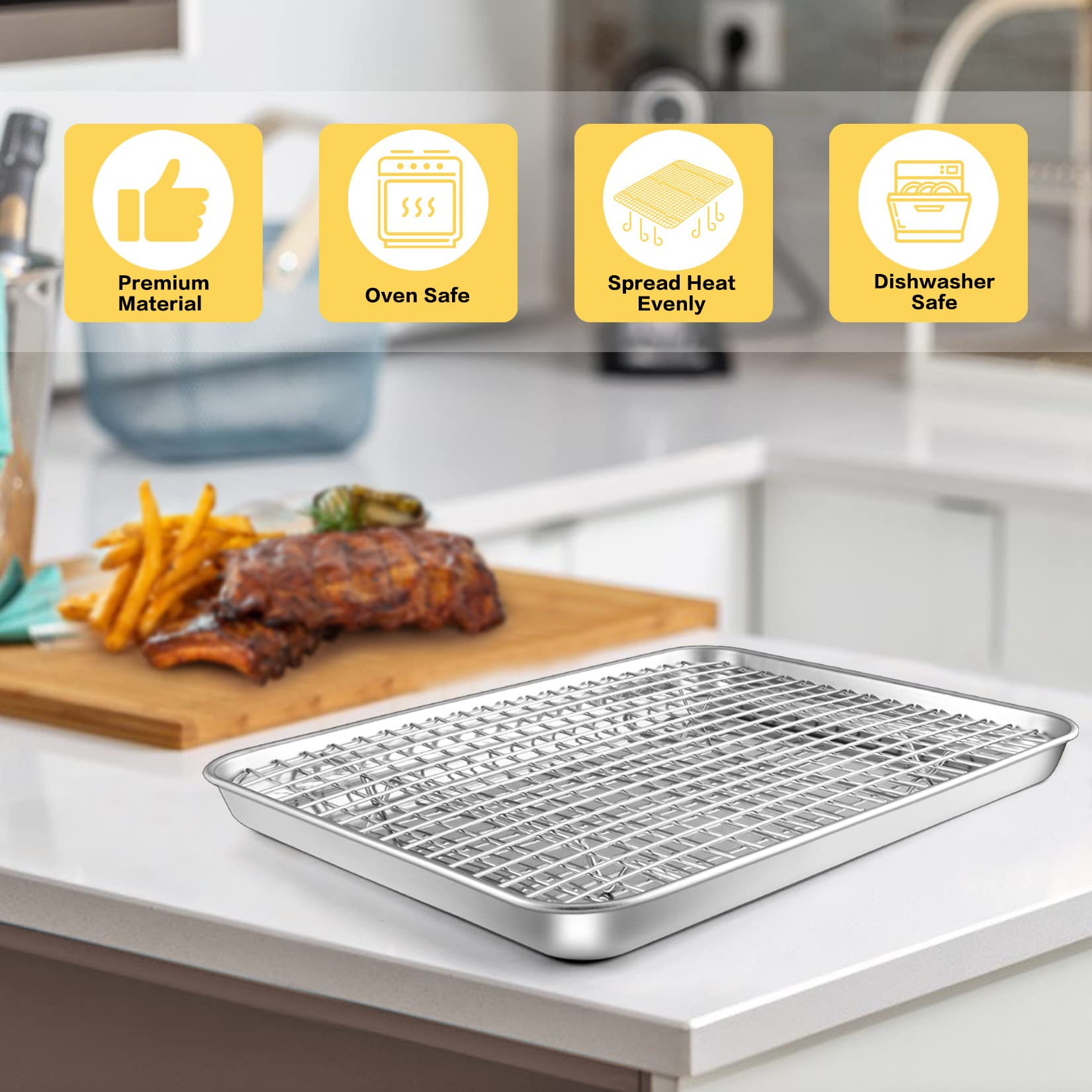 12.5 Inch Baking Pan with Rack Set, Joyfair Quarter Stainless Steel Toaster Oven Tray with Cooling Rack for Cookies/Meats/Bacon, Heavy Duty & Commercial Grade, Mirror Finish & Dishwasher Safe
