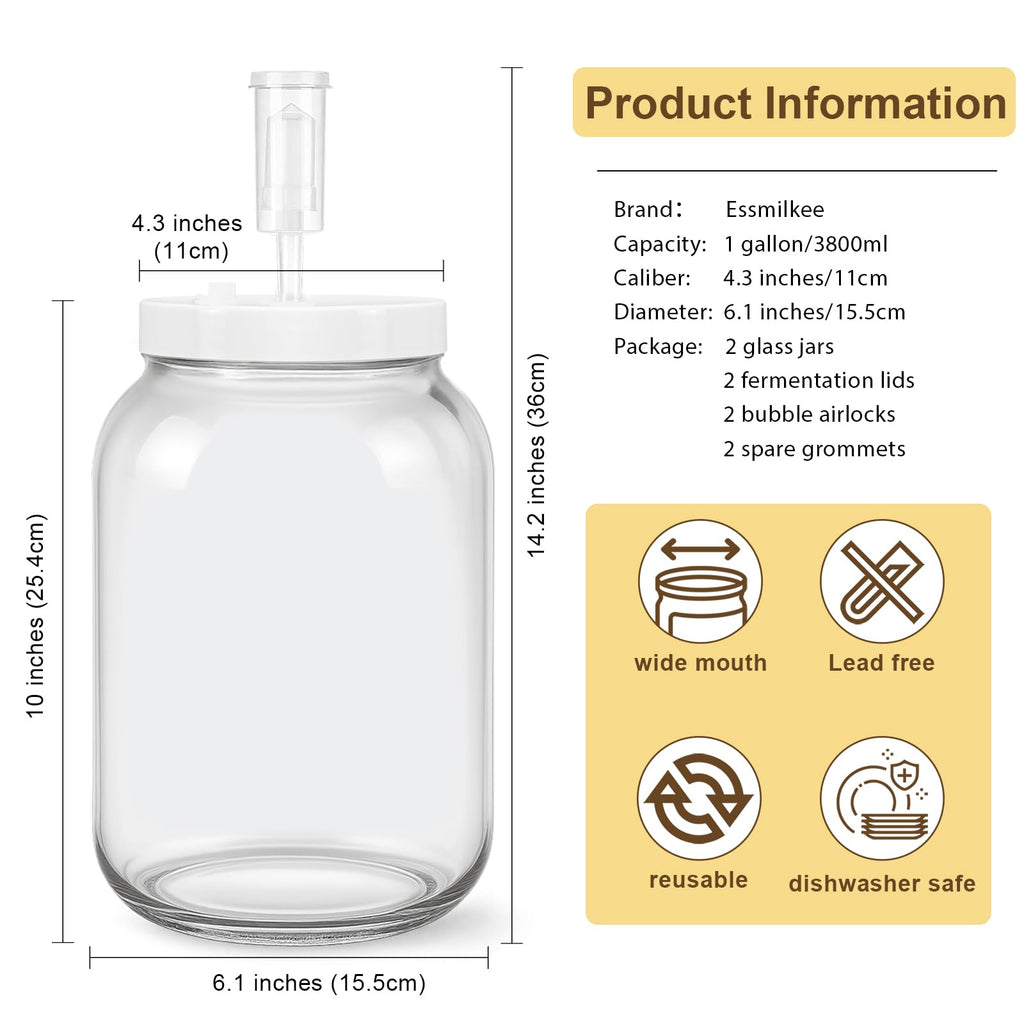 Essmilkee 1 Gallon Large Glass Fermentation Jars for Kombucha Sourdough Starter, Wide Mouth Mead Making Kit, 2Pcs Glass Canning Jars with Fermentation Lid and Airlock