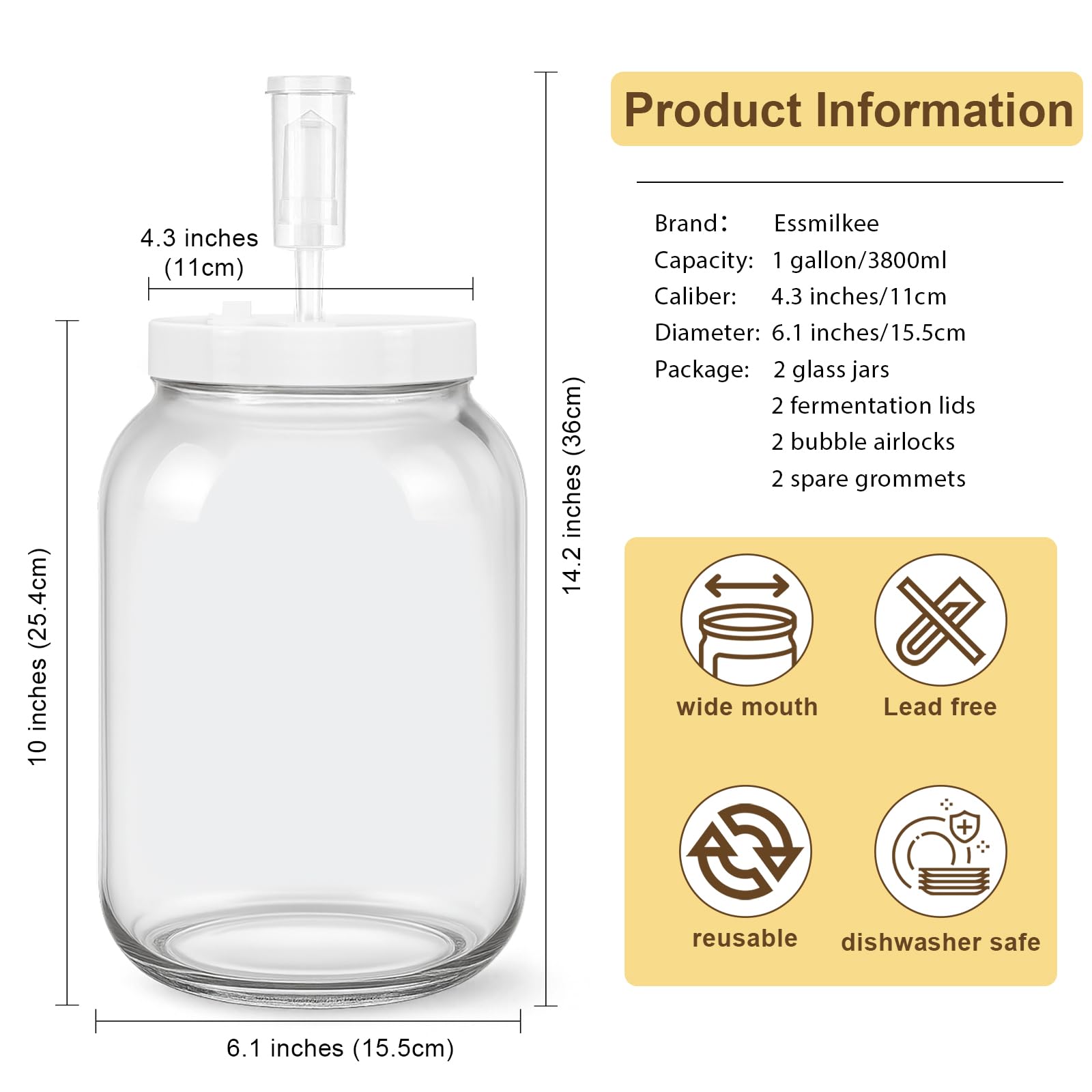 Essmilkee 1 Gallon Large Glass Fermentation Jars for Kombucha Sourdough Starter, Wide Mouth Mead Making Kit, 2Pcs Glass Canning Jars with Fermentation Lid and Airlock