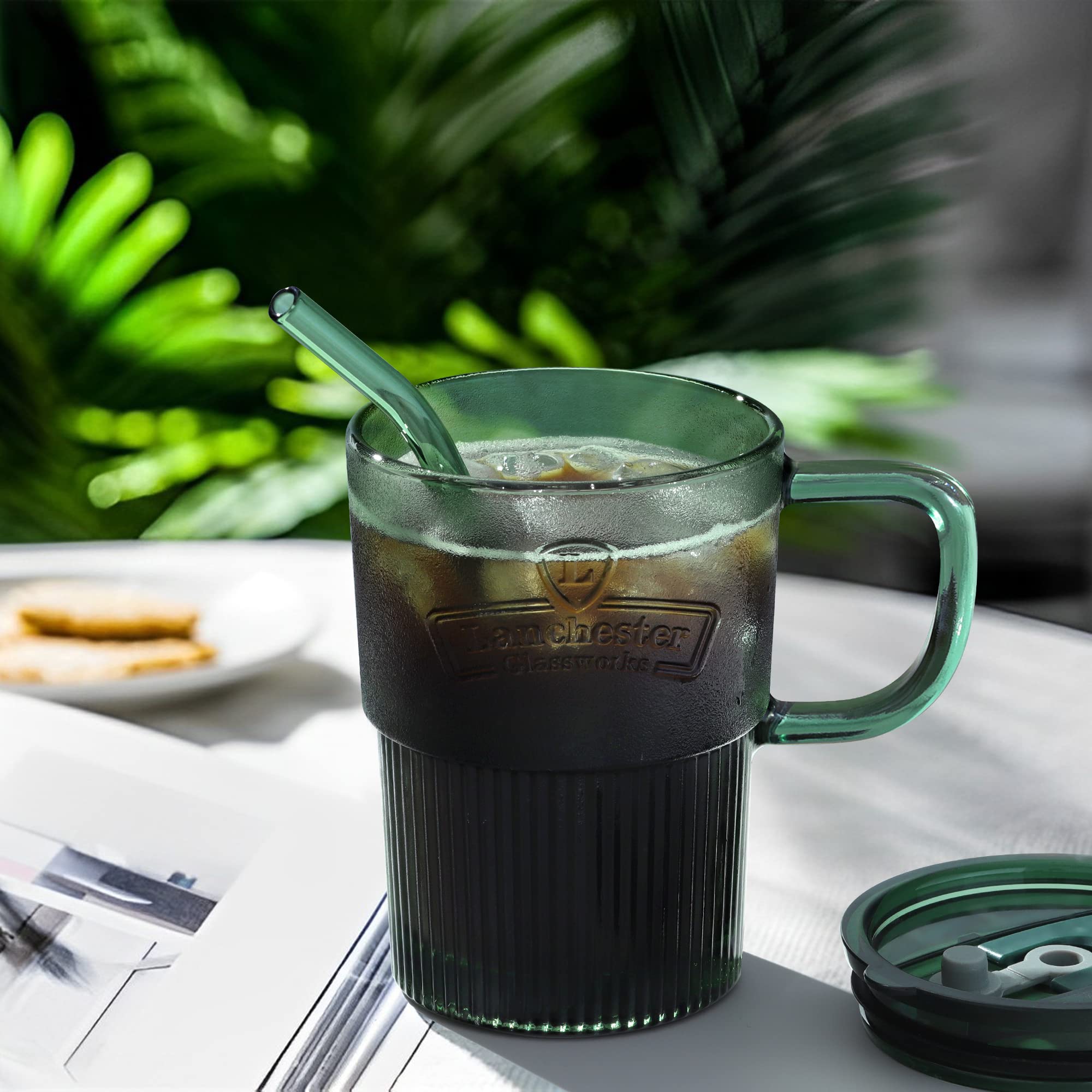Joeyan Glass Coffee Cup Tumbler with Handle Lid and Straw, Smoothie Iced Coffee Tea Glasses Mug, Green Colored Drinking Jar for Water Juice Beverages Soda Milk, 15oz, Set of 2, Dishwasher Safe