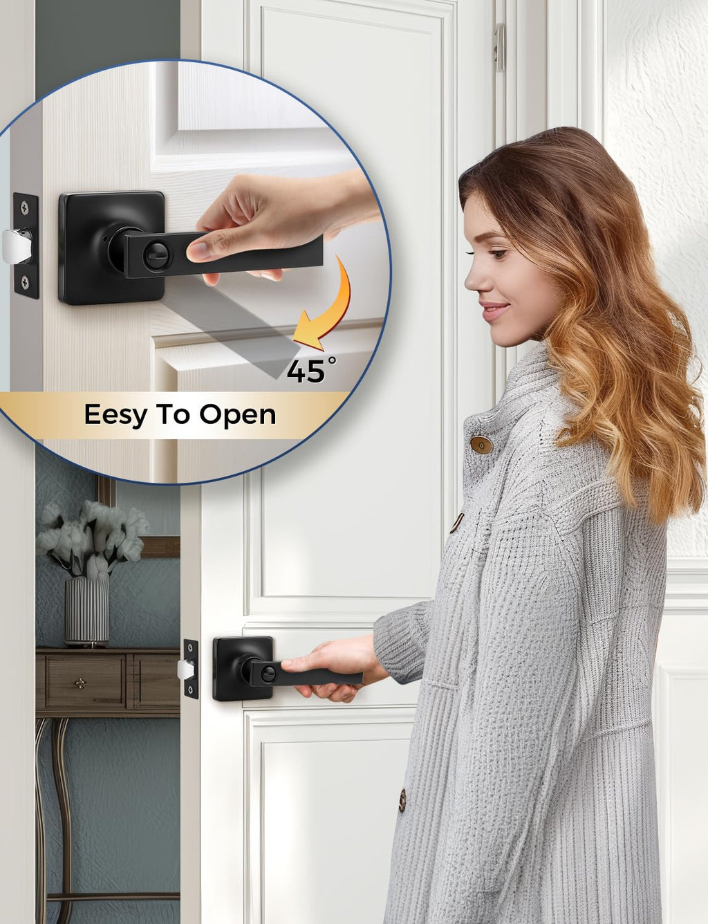 Mengico 1 Pack Black Privacy Lever Door Handle Interior with Lock, Heavy Duty Square Door Lever for Bed/Bath, Keyless Door Locksets, Reversible for Left Right Handed Doors