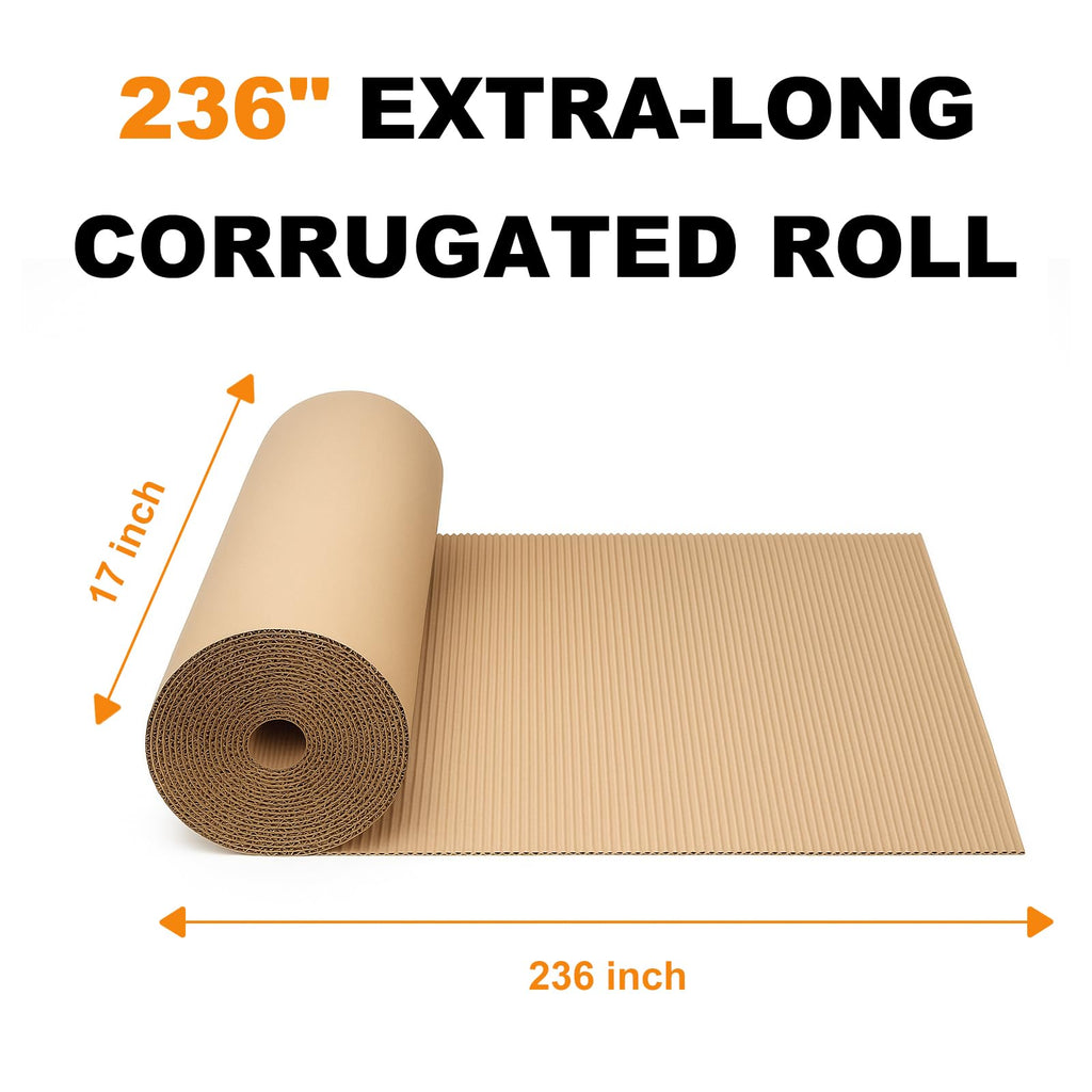 Corrugated Cardboard Roll, 17" x 236" Single Face Kraft Cushion Wrap, Large & Thick Cardboard Sheets Paper for Shipping, Packing, Box Filler, Furniture Protection, DIY Crafts & Gift Packaging (Brown)
