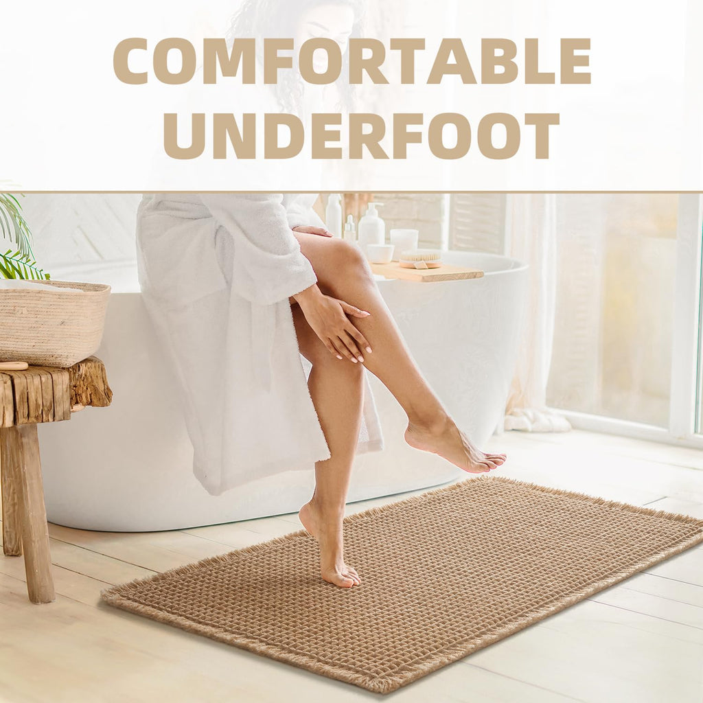 Upgraded Waffle Bath Mat Non Slip Super Absorbent Quick Dry Bath Mats for Bathroom Floor Machine Washable Bathroom Mat Ultra Soft Boho Bathroom Rugs with Tassels Beside Tub, 24" x 36", Brown