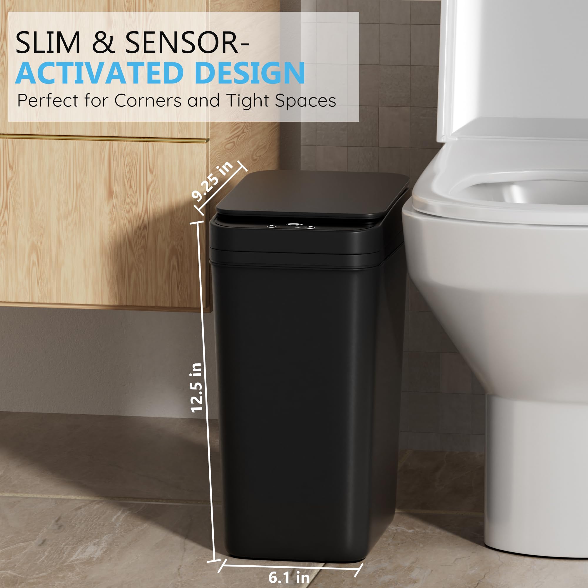 Bathroom Trash Can with Lid Touchless Automatic Garbage Can, 2.6 Gallon Slim Waterproof Motion Sensor Smart Trash Can, Small Plastic Trash Bin for Bedroom, Living Room