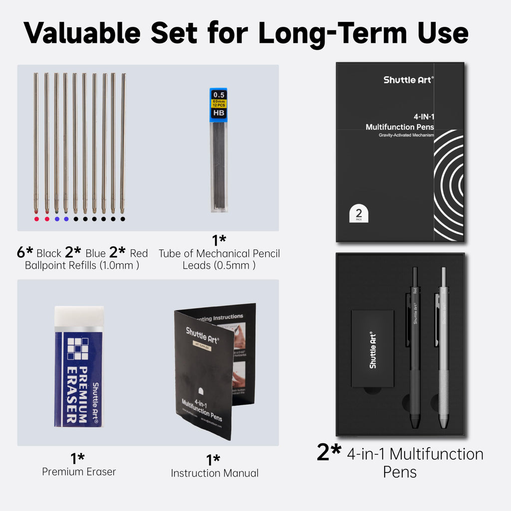 Shuttle Art 4 in 1 Multicolor Pen, 2 Pack Retractable Ballpoint Pens with 1.0mm Black Blue Red Ink and 0.5mm Mechanical Pencil, Multifunction Pens Gift Set for Writing Note Taking School Office Home
