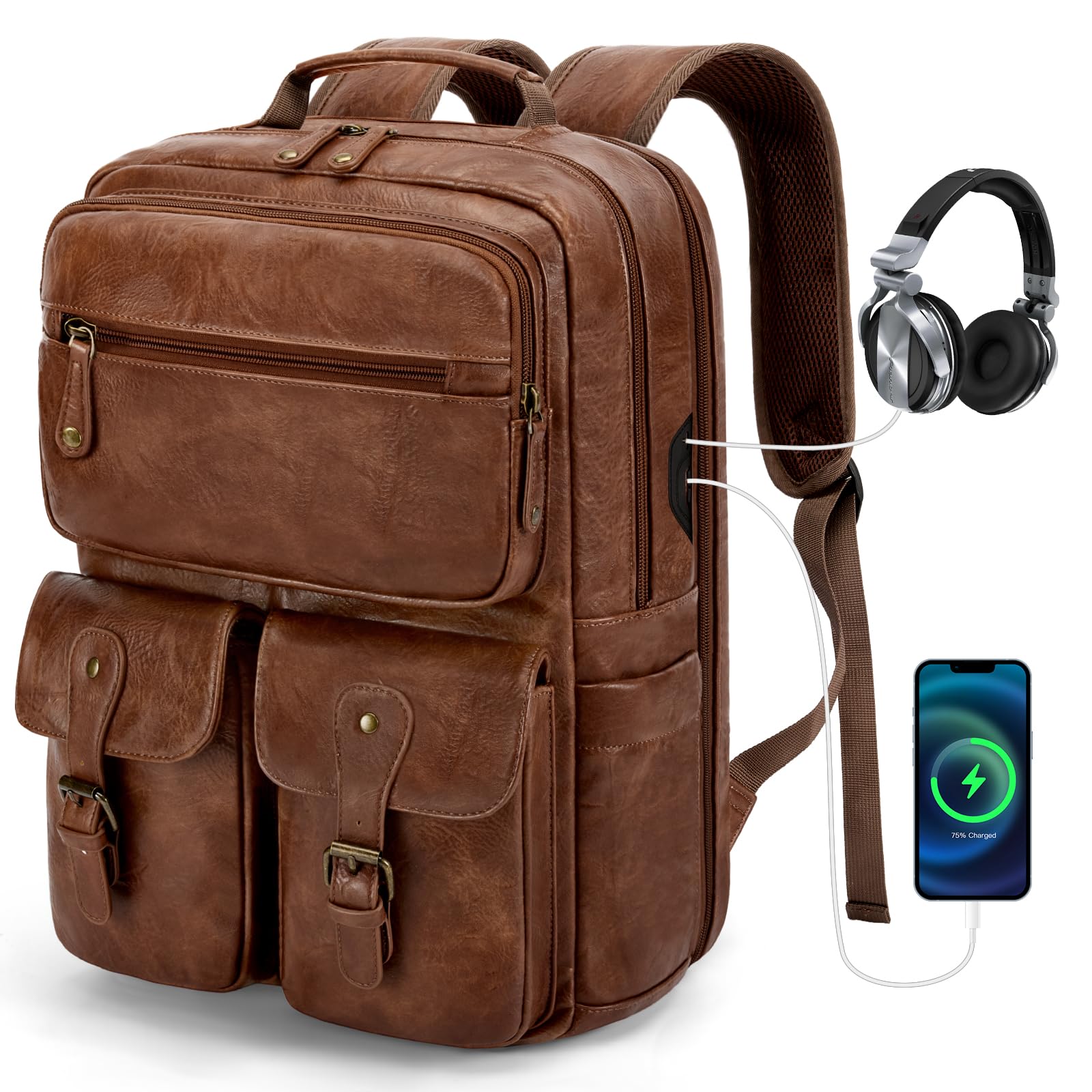 RAINSMORE Travel Backpack for Men & Women 15.6 Inch leather Laptop Bag with USB Charging Port Waterproof Laptop Backpack Large Capacity Carry On Backpack Computer Bag for College, Business and Travel