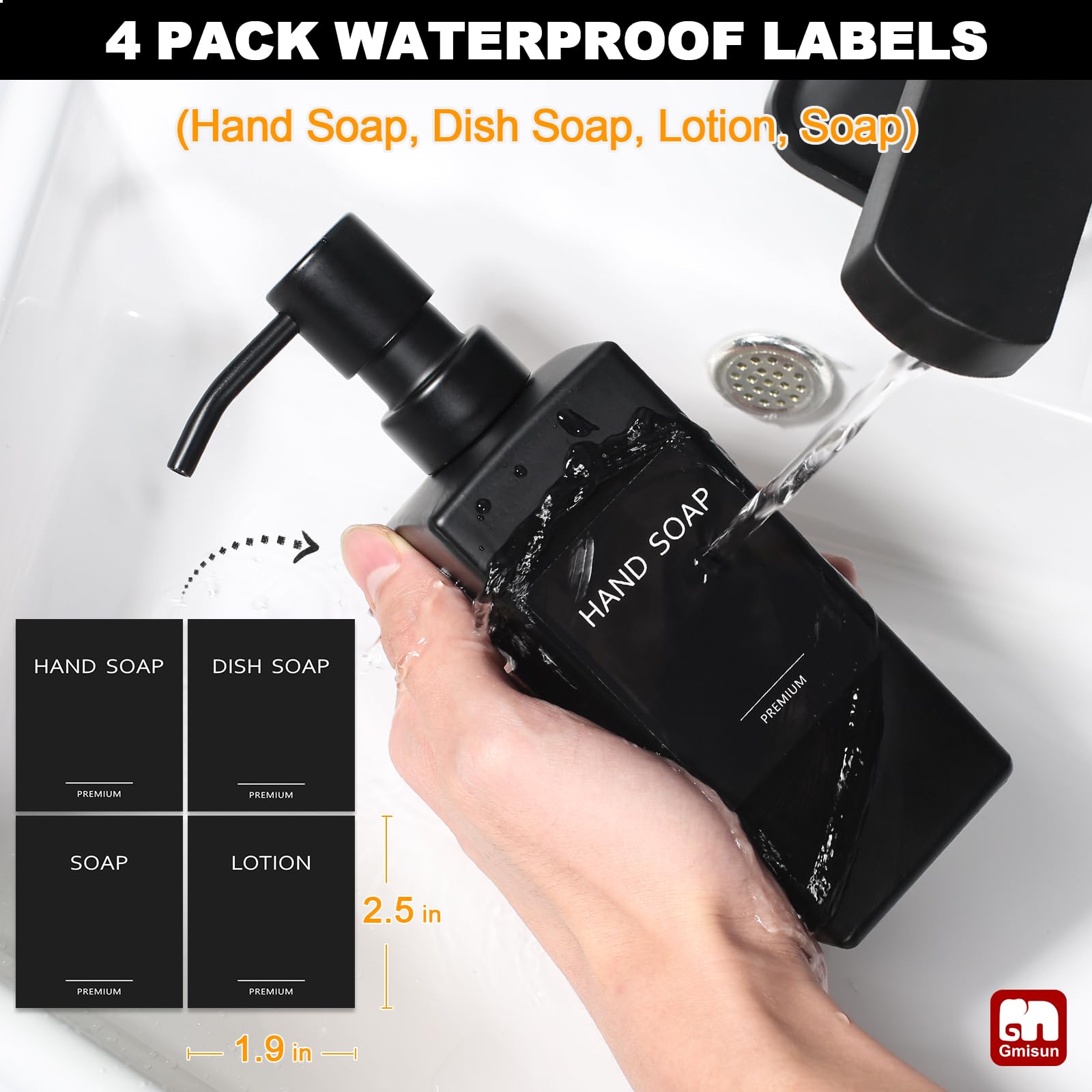 GMISUN Black Soap Dispenser, Hand Soap Dispensers Bathroom, 12oz Glass Soap Dispenser with Stainless Steel Pump, Dish Soap Dispenser for Kitchen, Bathroom/Kitchen Liquid Soap Dispenser Set, 2-Pack
