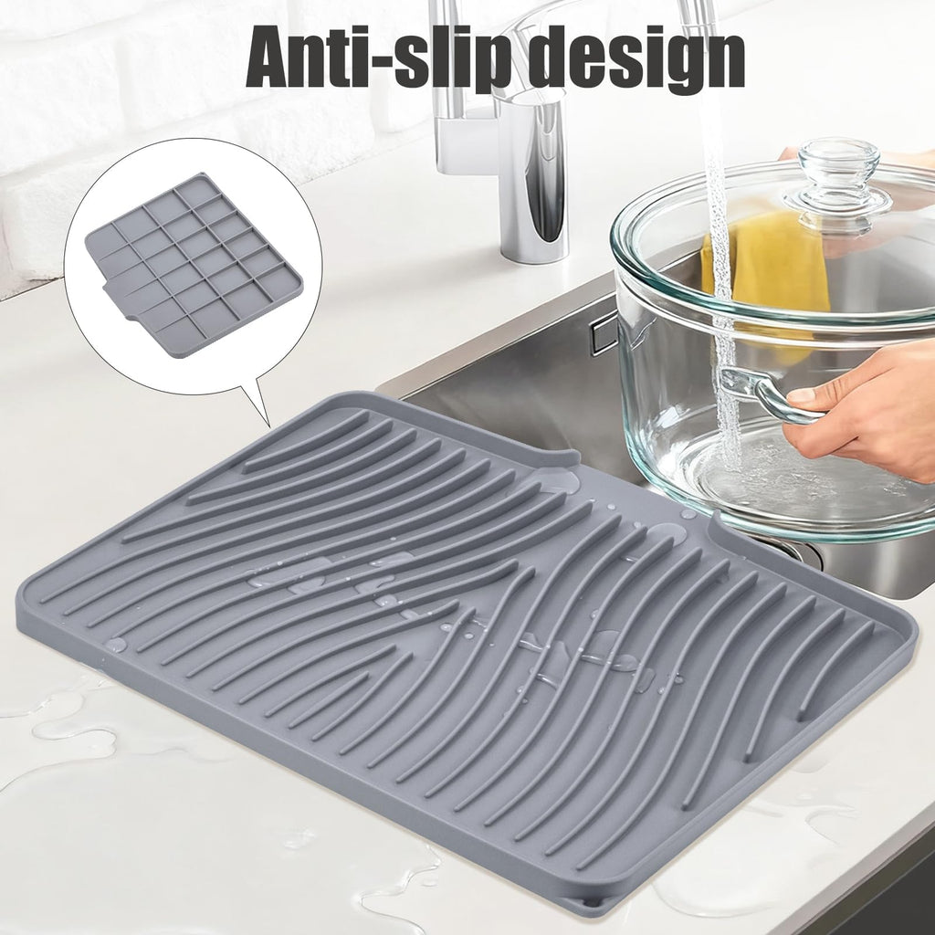 TIKNIK Silicone Dish Drying Mat for Kitchen Counter, Dish Drying Pad, Non-Slip Drain Pad with Built-in Drain, Heat Resistant Stone Drying Mat (16" x 12" / 40 x 30cm, Grey)