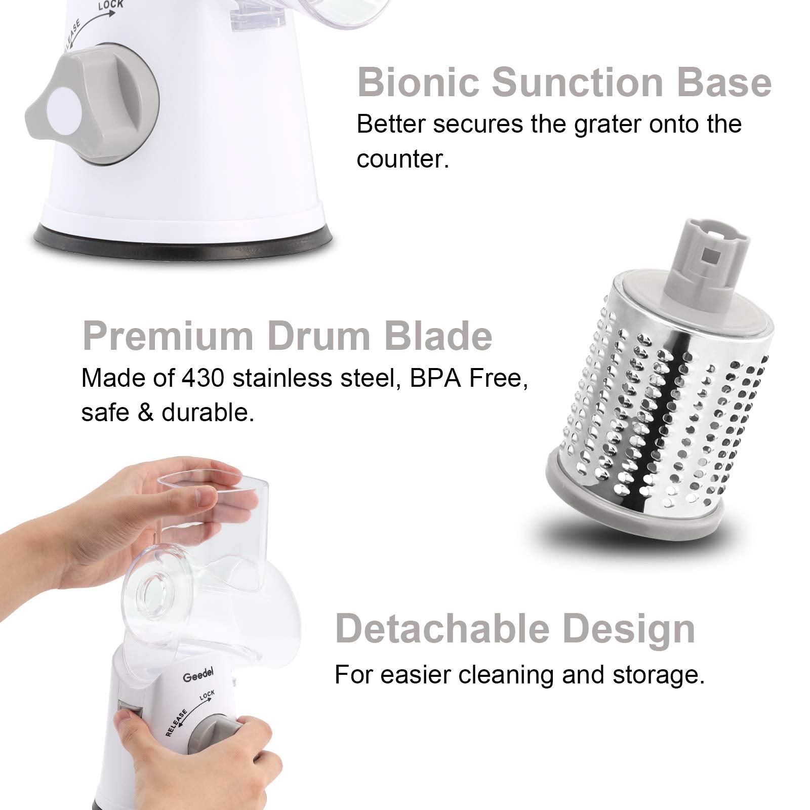 Geedel Kitchen Cheese Grater, Rotary Mandoline Vegetable Slicer with Interchangeable Blades, Easy to Use Rotary Grater Slicer for Fruit, Vegetables, Nuts