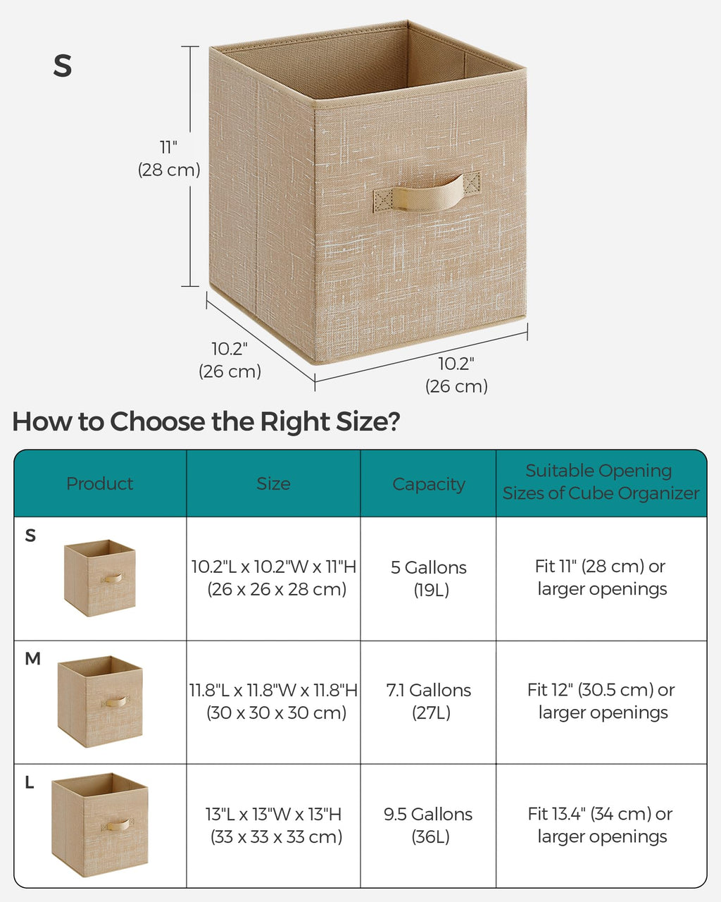 SONGMICS Storage Cubes, 28 cm Non-Woven Fabric Bins with Double Handles, Set of 6, Closet Organizers for Shelves, Foldable, for Clothes, Sand Beige UROB026K03