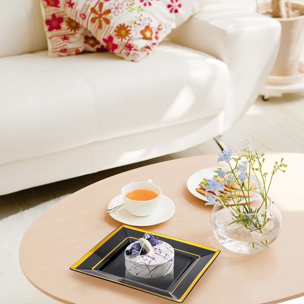 Suwimut 70 Pack Disposable Plastic Plates, Black Square Hard Plastic Plates with Elegant Gold Rim for Wedding Party, 35 Pieces 9.5 Inch Dinner Plates + 35 Pieces 6.5 Inch Dessert Plates