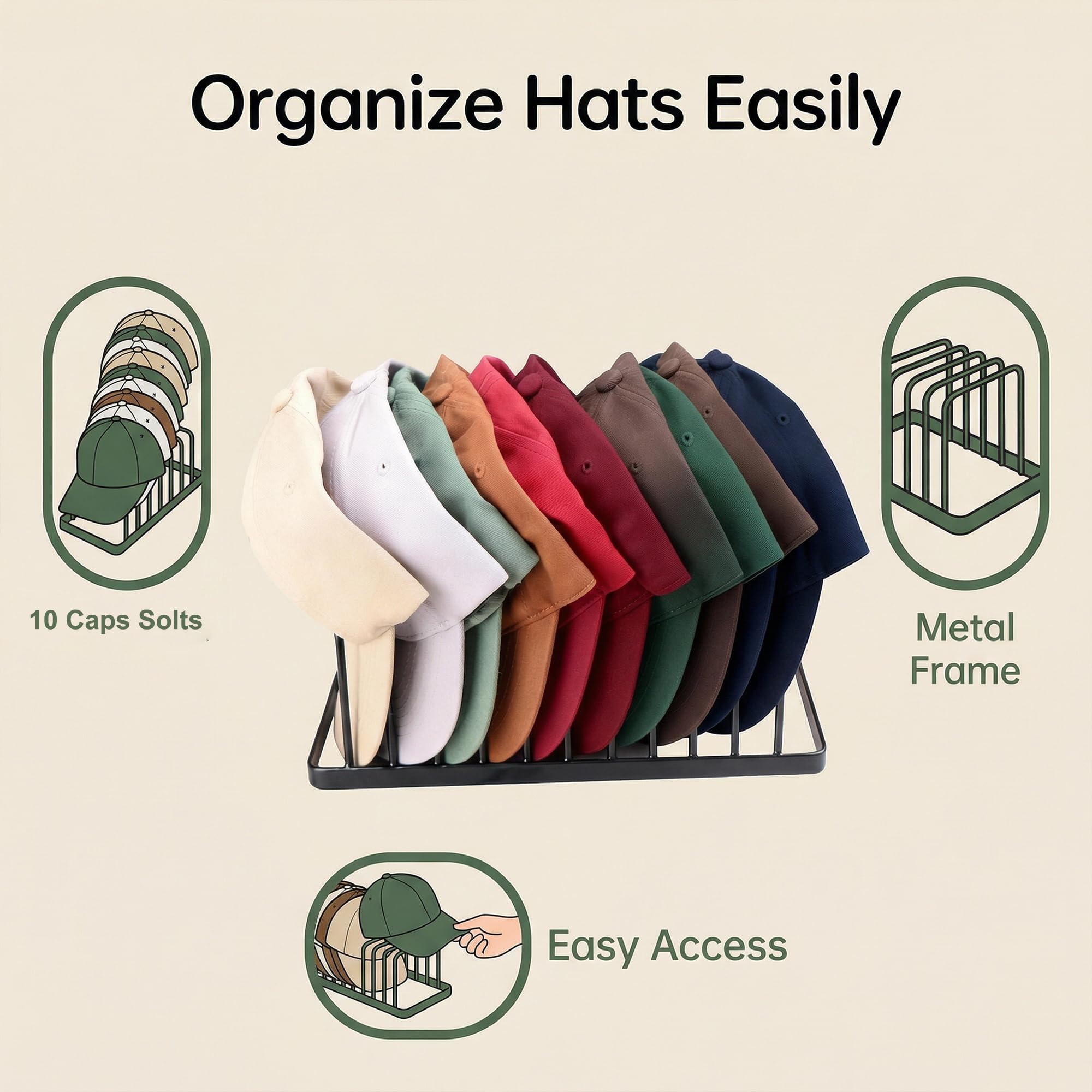 YiSeyruo Hat Organizer for Baseball Caps - Space Saving Metal Rack Stand Hold 20 Caps - Premium Closet Storage Display, No Assembly Required (Black, 2 Pack)