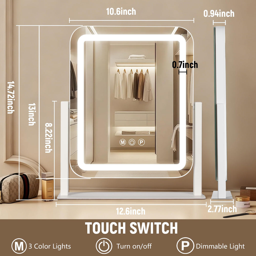 Ratsamee 13" x 15" Vanity Mirror with Lights, Led Makeup Mirror, Lighted Makeup Mirror with 3 Color Dimmable Lights, Smart Touch Screen Control, Smart Touch Screen Control, 360°Rotation