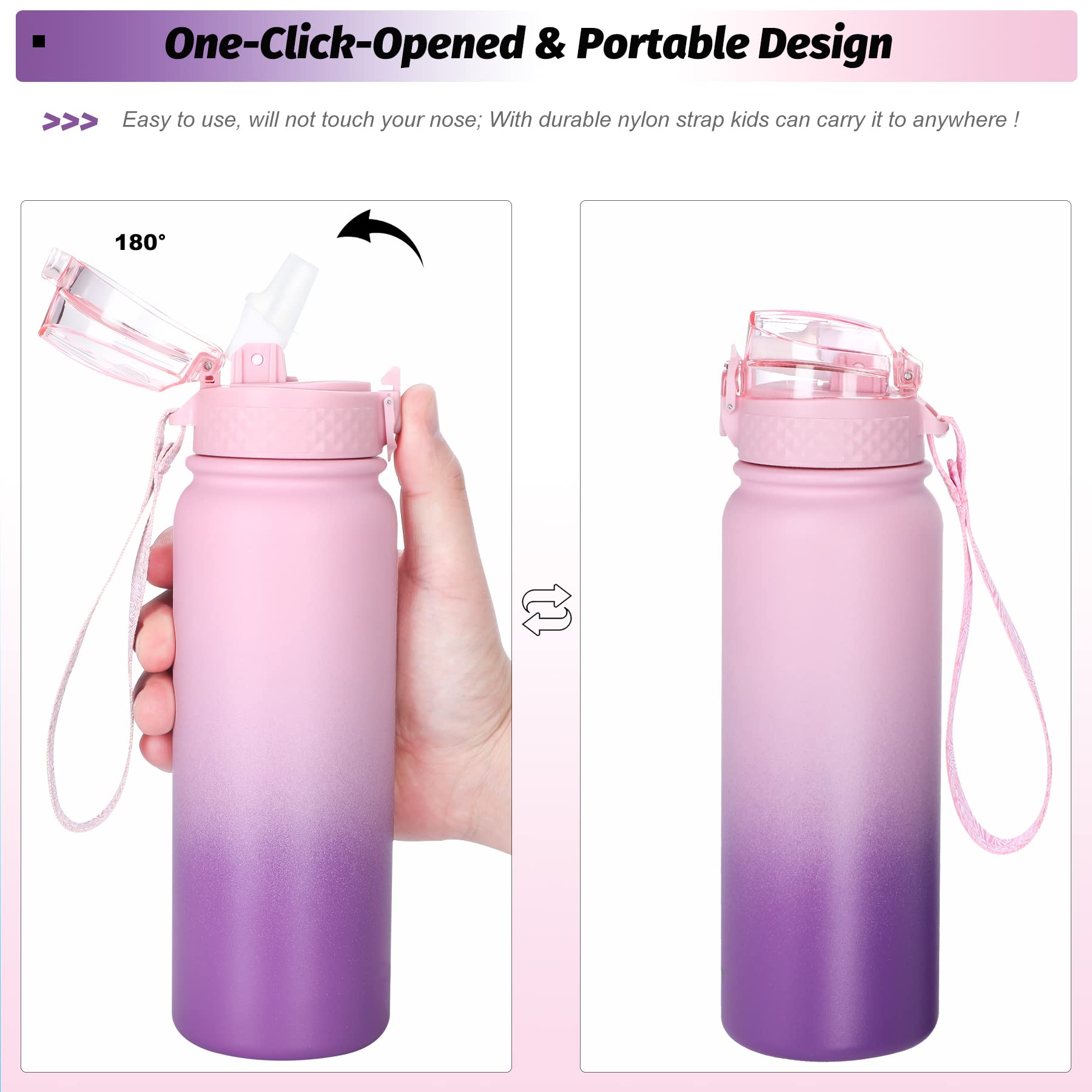 Oldley Insulated Water Bottle with Straw 20oz Stainless Steel Water Bottles with 3 lids Double-Wall Vacuum Thermal for Kids Adults School Sports,Ombre Pink-Purple