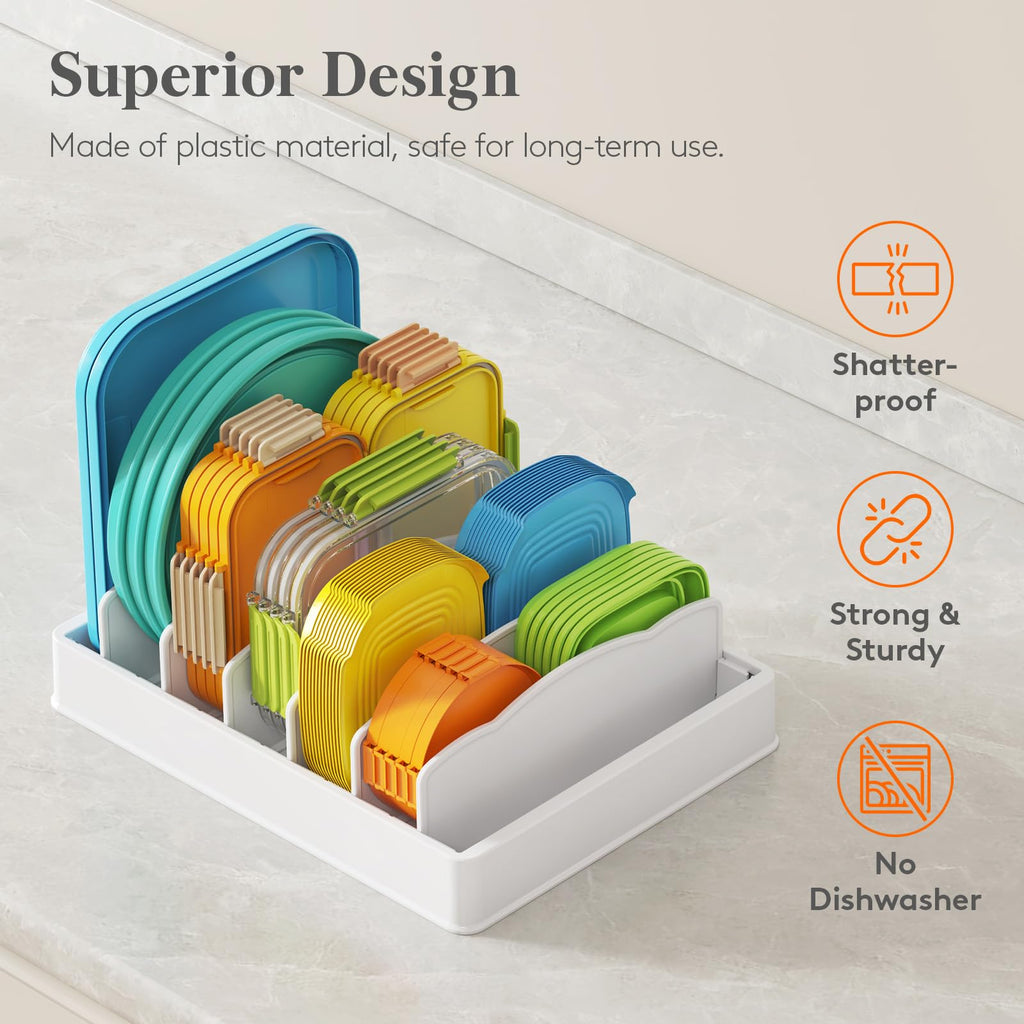 Lifewit Plastic Lid Organizers for Inside Cabinet, Food Storage Container Lids Holder with 5 Inserts & 6 Adjustable Sections, Plates, Bowls Storage for Deep Drawer in Kitchen, 13" x 10"