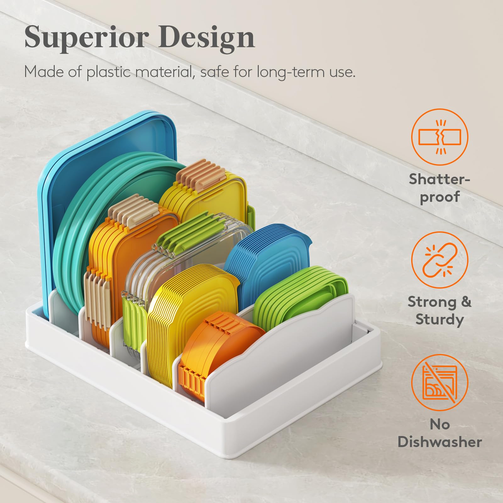 Lifewit Plastic Lid Organizers for Inside Cabinet, Food Storage Container Lids Holder with 5 Inserts & 6 Adjustable Sections, Plates, Bowls Storage for Deep Drawer in Kitchen, 13" x 10"