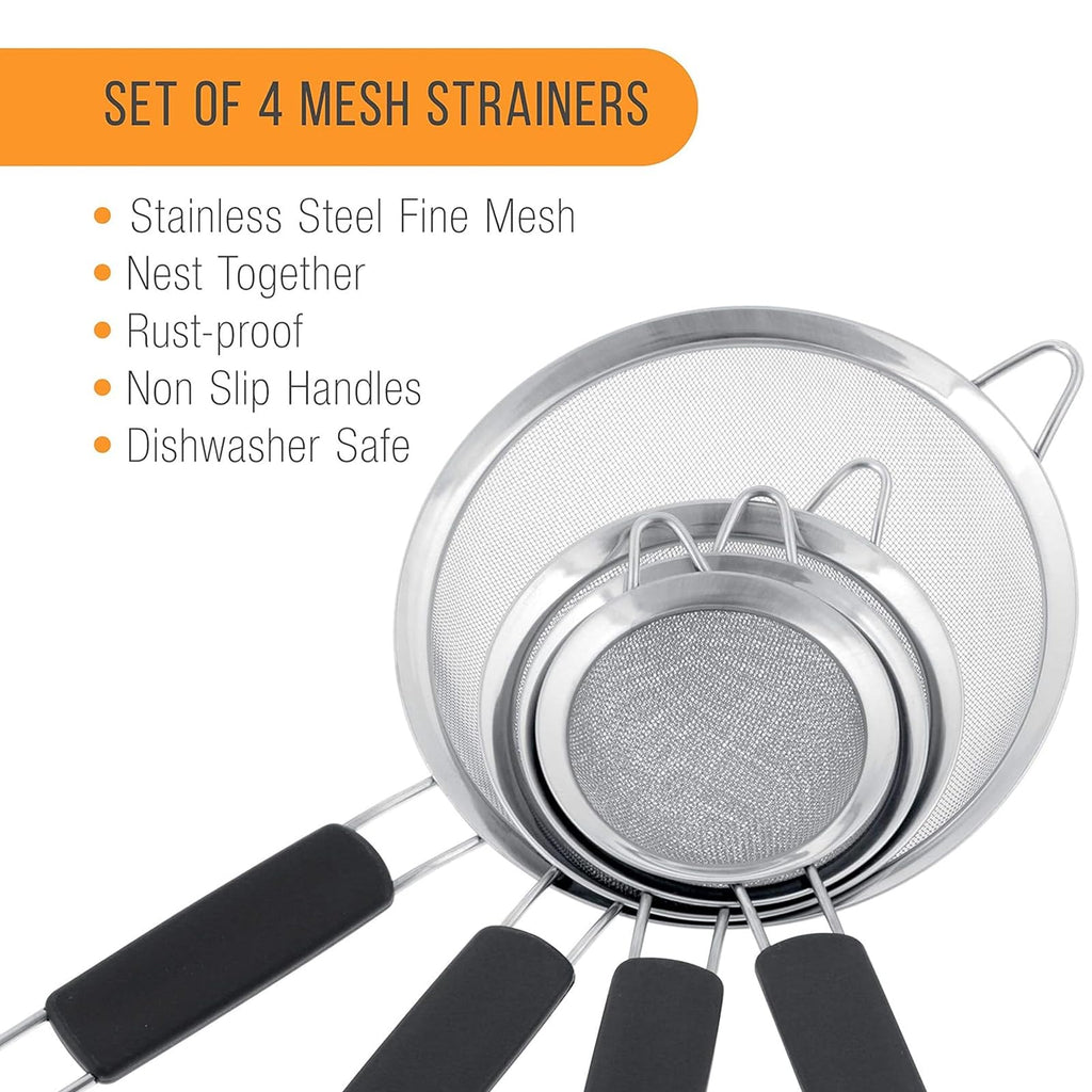 VICSDEP Fine Mesh Strainer Set of 4,Stainless Steel 8, 12, 16,20cm Strainers Wire Sieve Sifter with Insulated Handle Strainers for Kitchen Gadgets Tools
