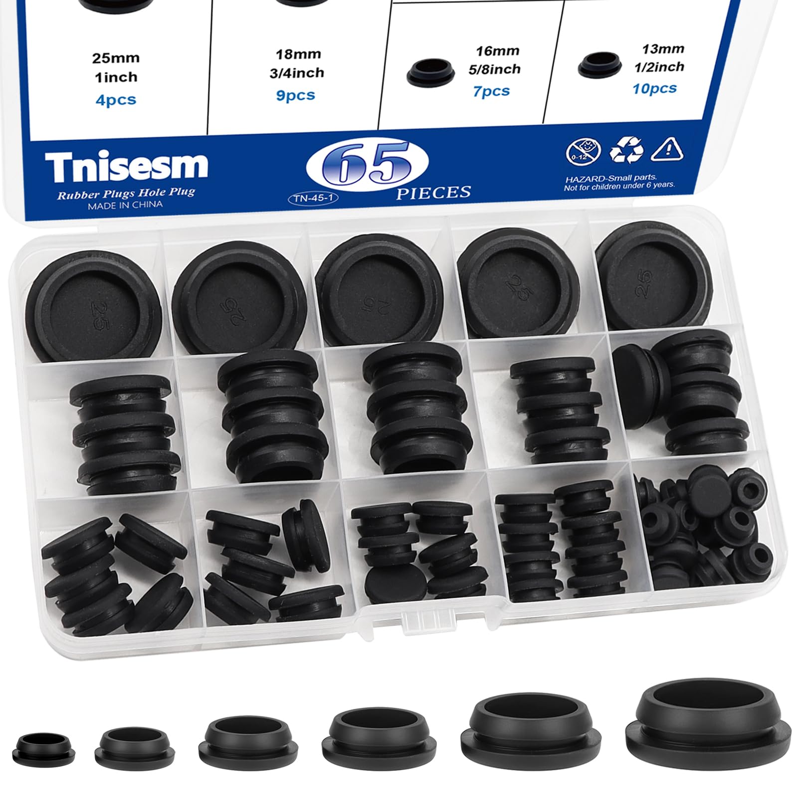 Tnisesm 65PCS 6 Sizes Black Rubber Plugs for Round Holes Silicone Plugs, 1" 3/4" 5/8" 1/2" 3/8" 1/4" Round Hole Plug Snap Locking, Used for Furniture