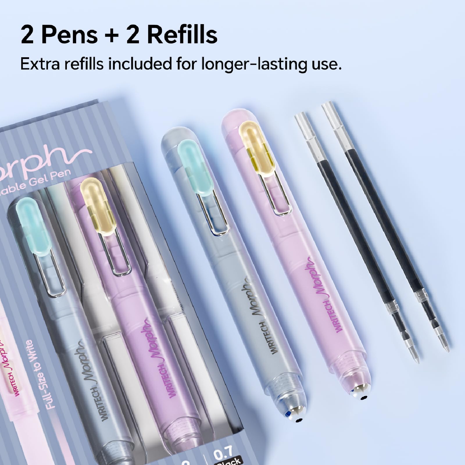 WRITECH Morph Extendable Gel Pen: 0.7mm Medium Point Black Ink Pocket-to-Full-Size Design Translucent Soft Grip Barrel Includes 2 Pens and 2 Refills Dual-Length Pocket Pen 4.6" to 6.1"