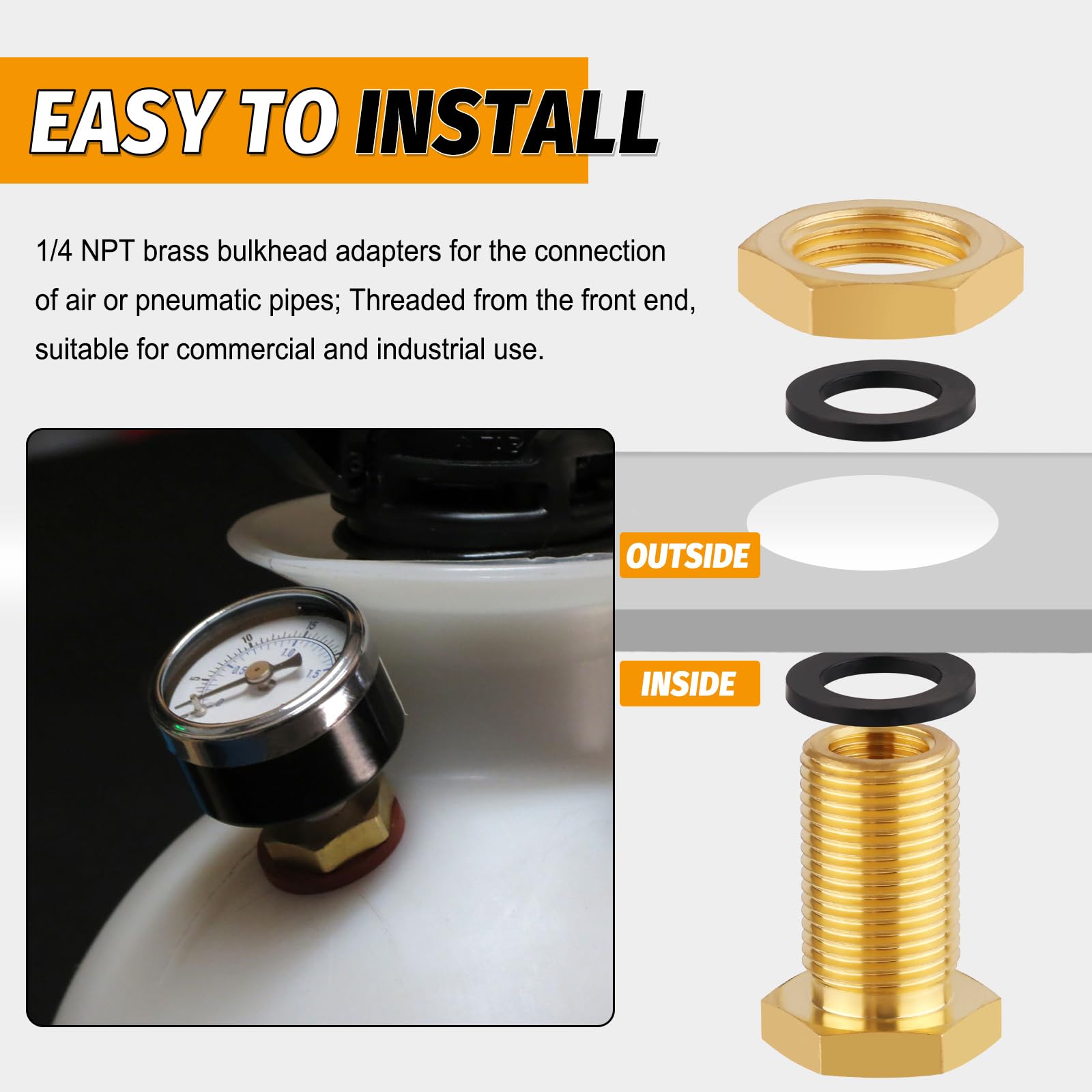 KOOTNAS 2-Pack Solid Brass Bulkhead Fittings, 1/4 NPT Taper Female 3/4" Straight Male Thread Brass Water Tank Connector with 4 Rubber Rings 4 Silicone Rings, for Tank Body, Wooden Barrels