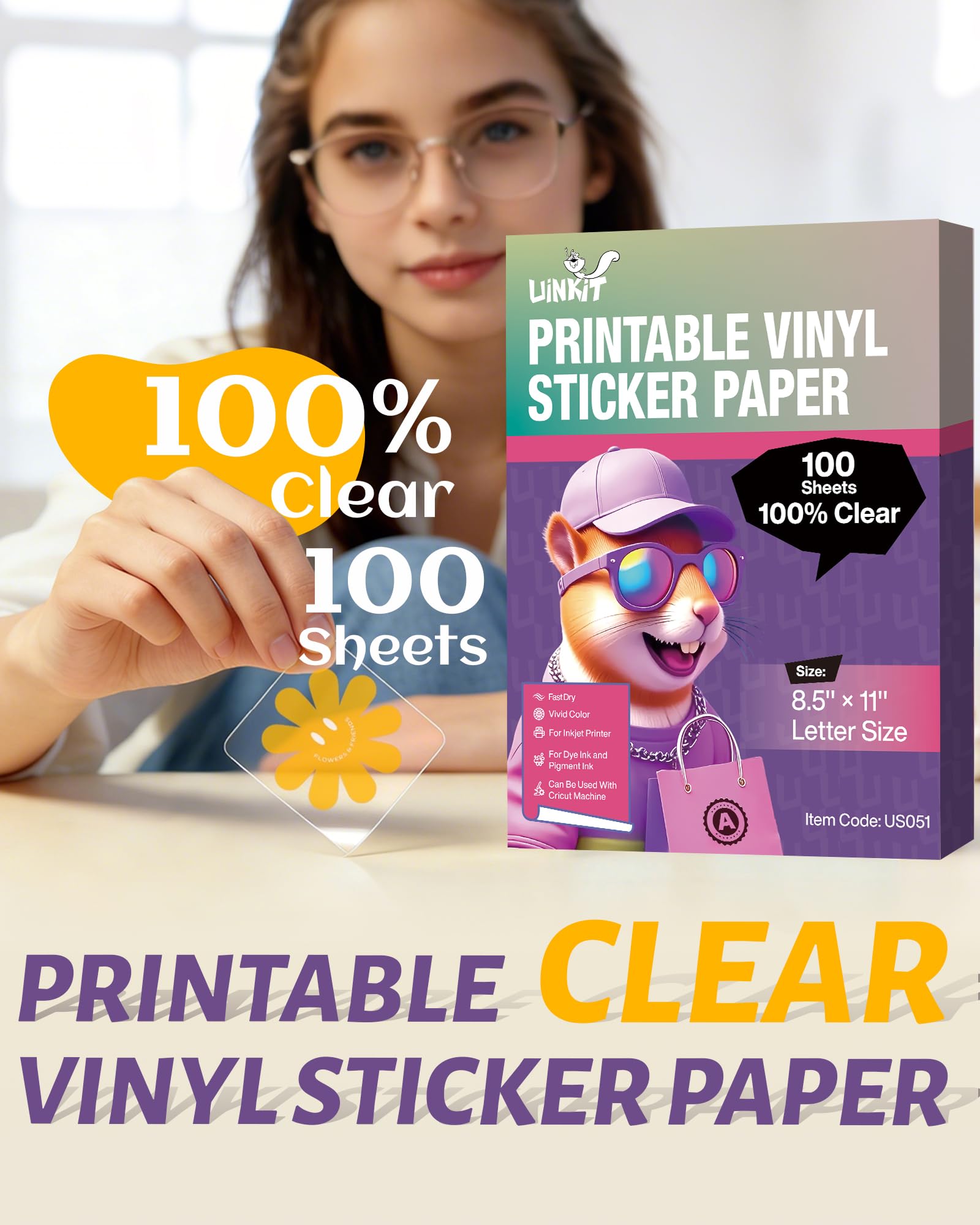 Uinkit 100% Clear Vinyl Sticker Paper for Inkjet Printer,100 Sheets Printable Transparent Sticker Paper 8.5x11 inches for DIY Projects,Waterproof, Great for Cutting Machines (100% Clear, 100 Sheets)