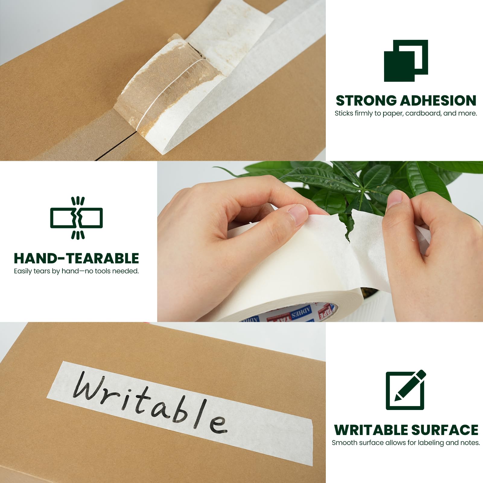 ADHES White Kraft Paper Tape, 2 Inch x 55 Yards, 3 Rolls Writable & Uncoated Heavy Duty Paper Tape, Eco-Friendly Biodegradable Packing Tape for Sealing, Packaging, Moving & Masking