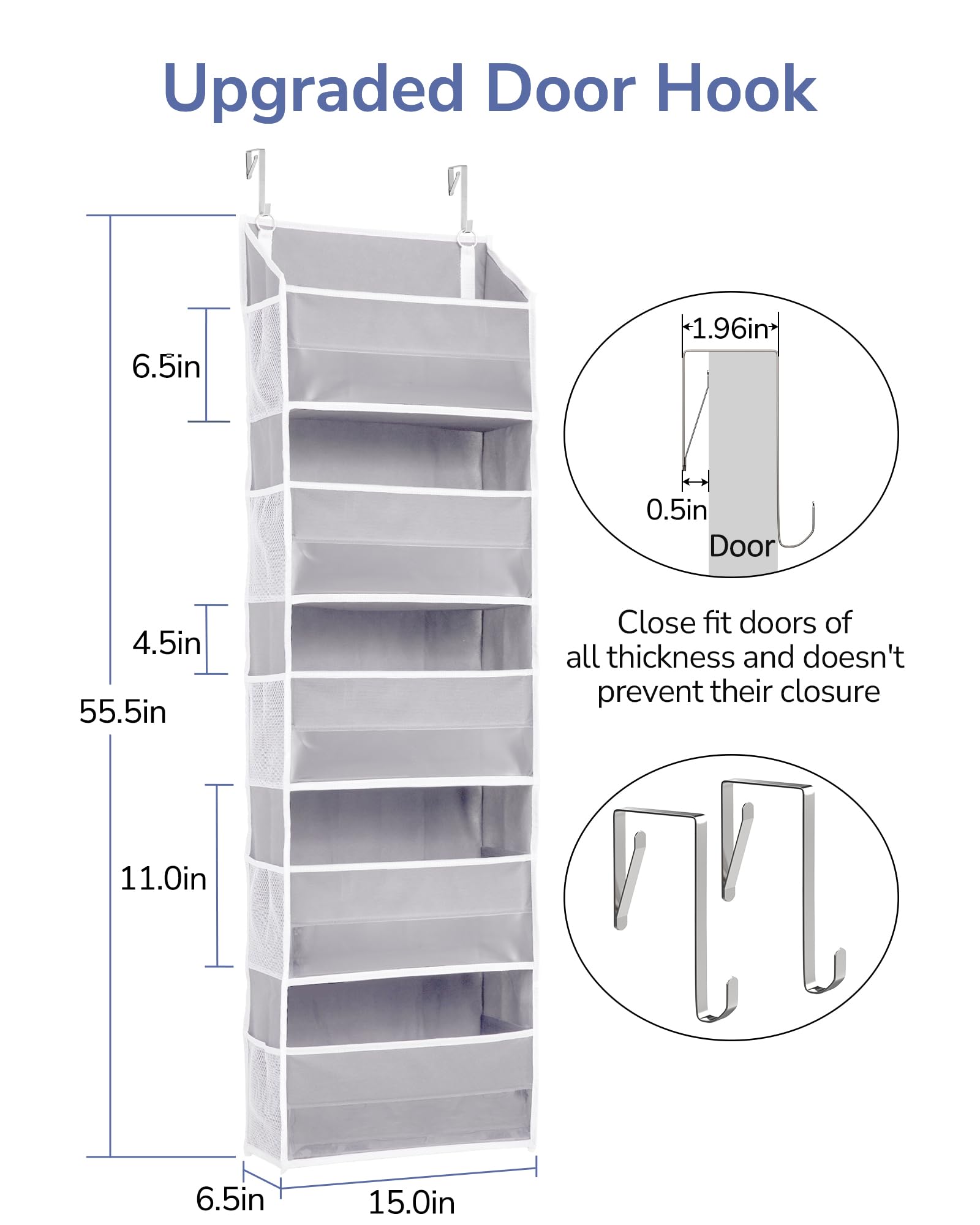 ULG 1-Pack Over Door Organizer with 5 Large Pockets 10 Mesh Side Pockets, 44 lbs Weight Capacity Hanging Storage Organizer with Clear Window for Bedroom Bathroom Kitchen, Toys, Shoes, Diapers