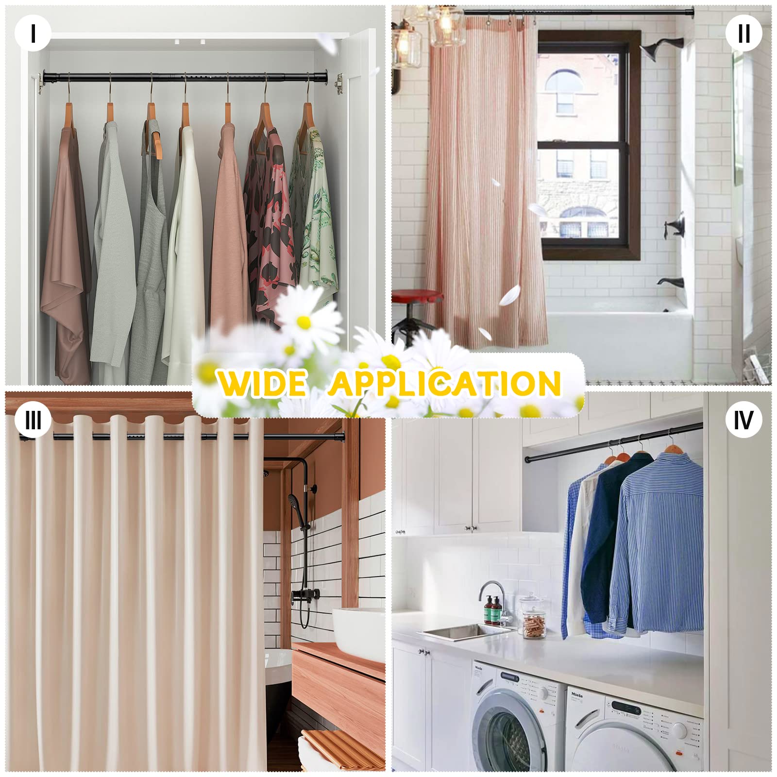 Closet Rods for Hanging Clothes, Heavy Duty Closet Rod 17-82 Inch Adjustable Clothes Hanging Bar Metal Shower Curtain Rods for Closet, Wardrobes, Bathroom, Windows
