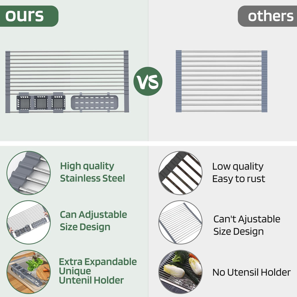 Expandable Roll Up Dish Drying Rack Up to 22.8''with 2 Storage Baskets,Over The Sink Kitchen Rolling up Dish Drainer Dish Drying Rack in Sink, Foldable,Rollable,for Kitchen Dishes,Cups,Fruits,Forks