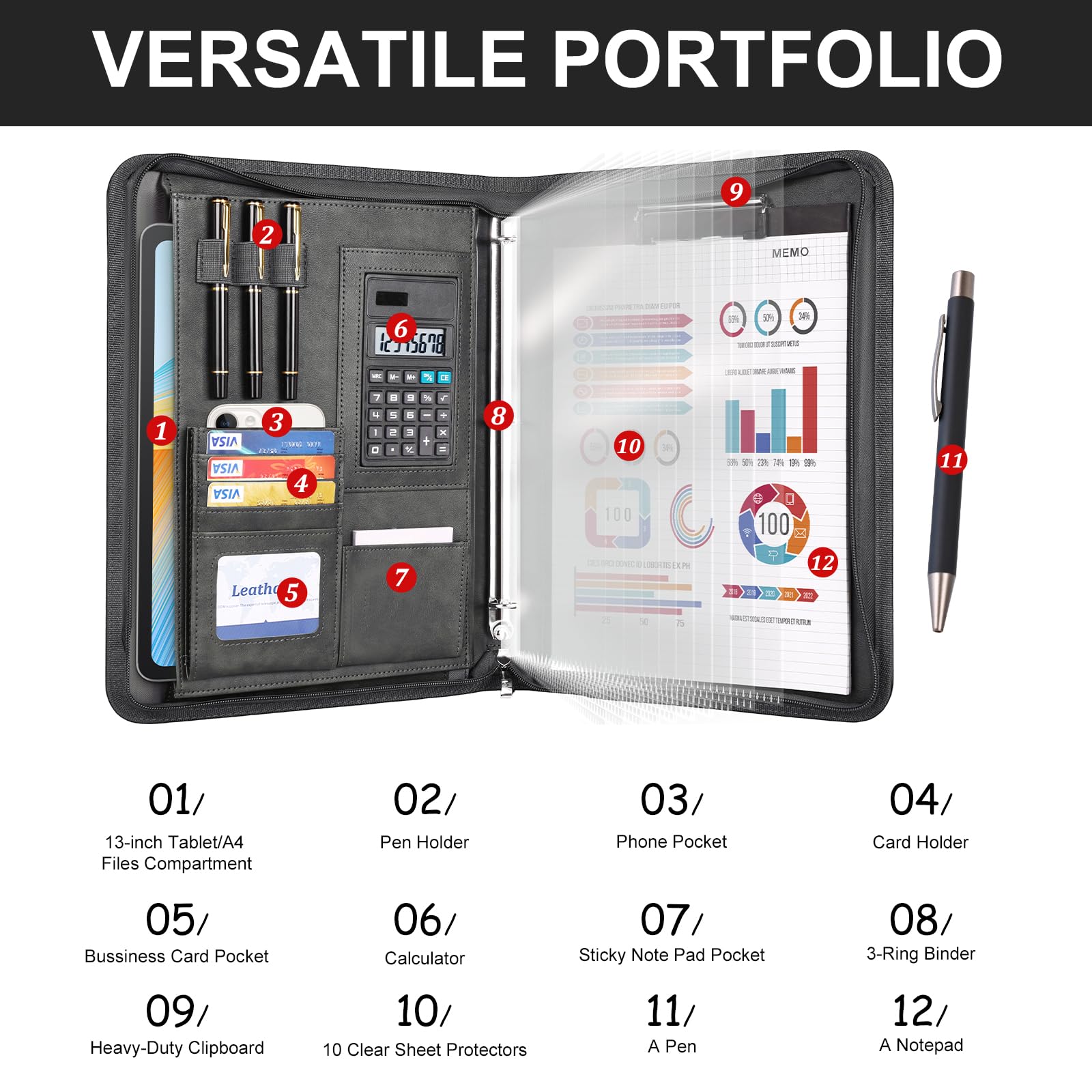 Leathario Portfolio, Vegan Leather 3-Ring Zipper Binder, Includes 10 Clear Sheet Protectors and a Pen, Multi-Pocket A4 Padfolio Folder for Tablets, Files and Business Documents, Office Supplies