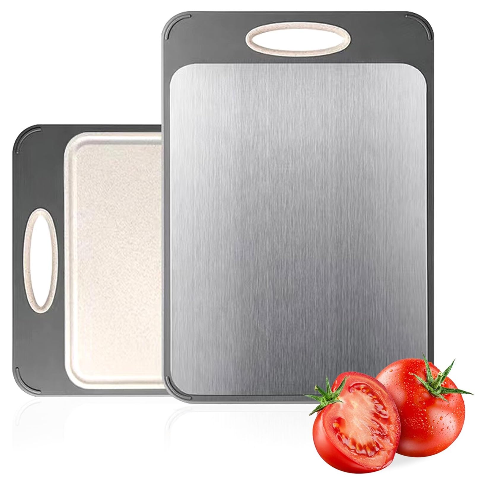 Newraturner Cutting Board Double Sided,Large Stainless Steel Cutting Boards,Wheat Straw Cutting Boards for Kitchen,for Meat, Veggies, Fruits, with Easy Grip Handle,Dishwasher Safe (1, Large)