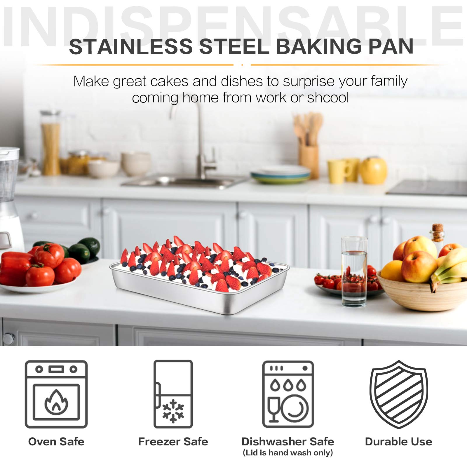 Stainless Steel Baking Pan with Lid, E-far 12⅓ x 9¾ x 2 Inch Rectangle Sheet Cake Pans with Covers Bakeware for Cakes Brownies Casseroles, Non-Toxic & Healthy, Heavy Duty & Dishwasher Safe - Set of 2