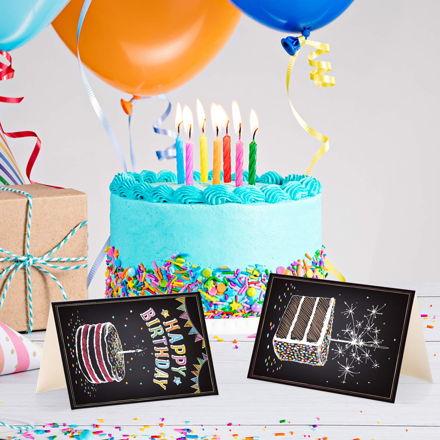 Ohuhu Assorted Happy Birthday Cards, 48 Pack Black Folded Cards for Kids’ Birthdays, Blank Inside Greeting Note Cards w/White Envelopes and Stickers, 4x6 inch, Birthday Party Invitation DIY Cardstock