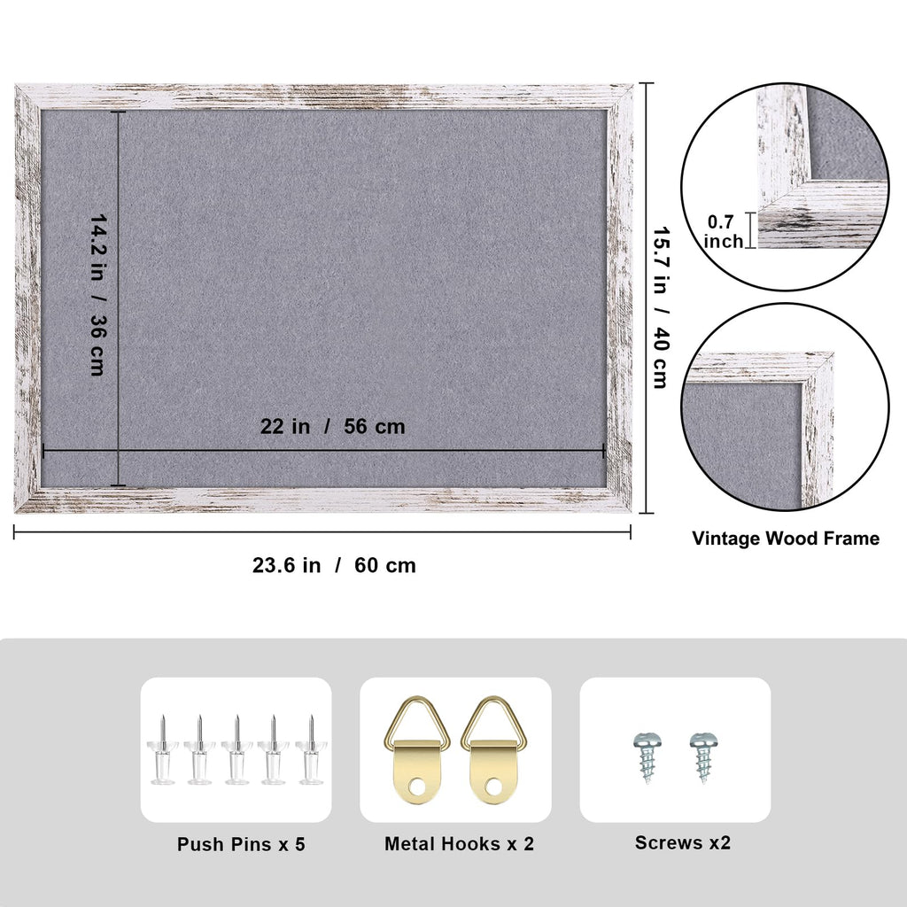 Aitakatta Gray Felt Cork Board Bulletin Board, Decorative Hanging Cork Boards for Walls with White Rustic Wood Frame, Pin Board Vision Board for Office Home and School with Pins, Screws (4060,WH,1pc)