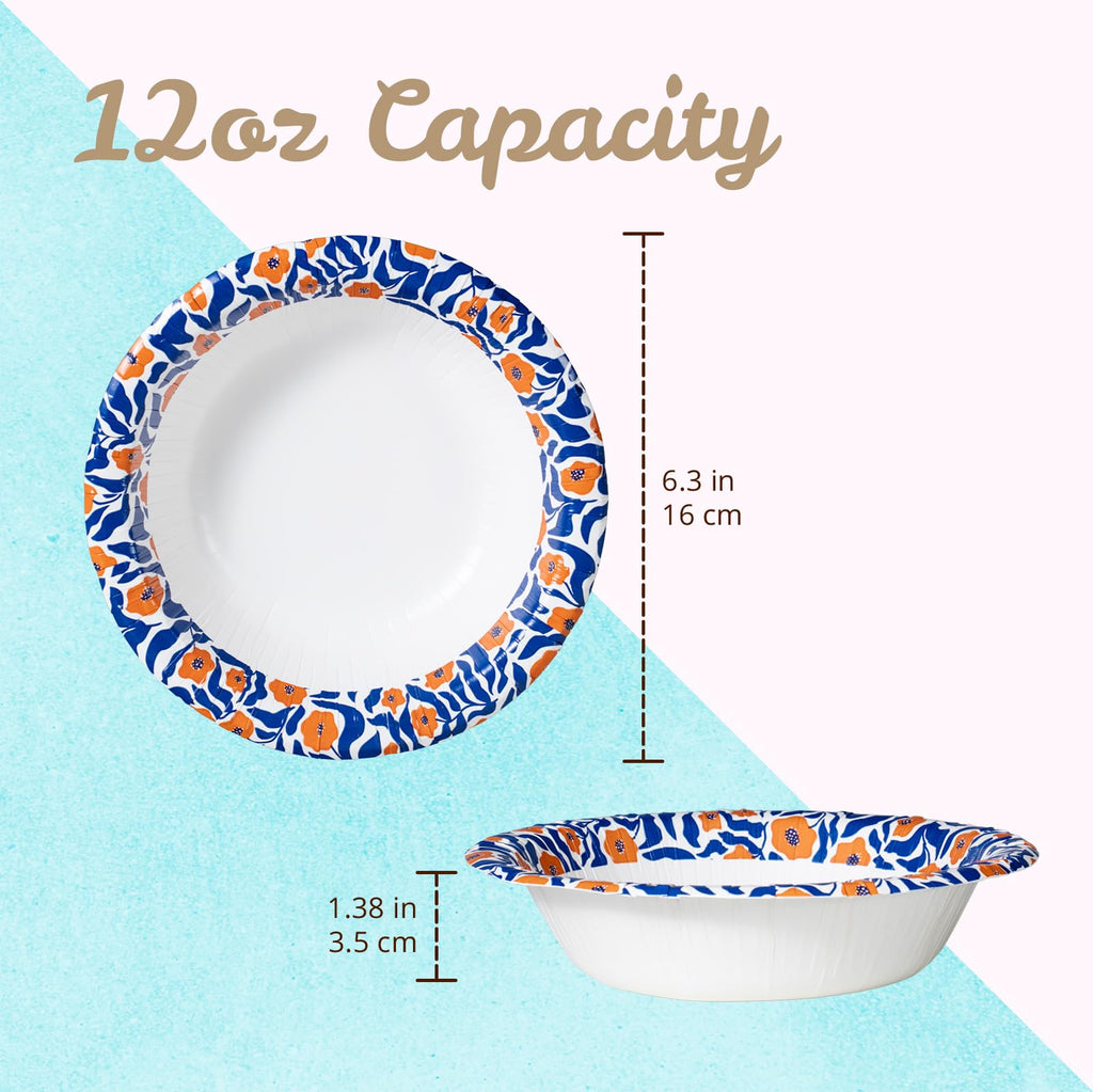Paper Bowls, 355 ml, 150-Count, Microwave-Safe, Soak-Proof, Disposable Bowls with Matisse-Style Floral Design, Great for Soup, Salad, Snacks, and Meals