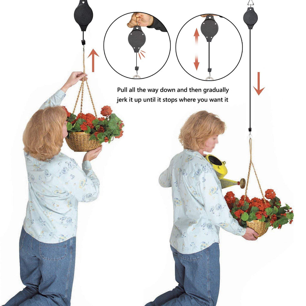 4 Pack Plant Hook Pulley, Retractable Plant Hanger Easy Reach Hanging Flower Basket for Garden Baskets Pots and Birds Feeder Hang High up and Pull Down to Water Or Feed (4) (Black, 4)