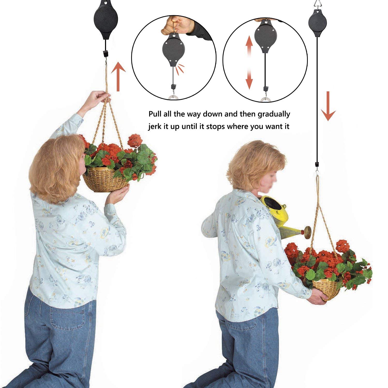 4 Pack Plant Hook Pulley, Retractable Plant Hanger Easy Reach Hanging Flower Basket for Garden Baskets Pots and Birds Feeder Hang High up and Pull Down to Water Or Feed (4) (Black, 4)