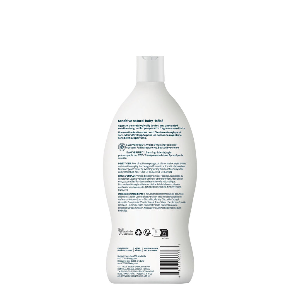 ATTITUDE Baby Bottle & Dish Soap with Oat Extract, EWG Verified Bottle Cleaner For Sensitive Skin, Fragrance Free & Dye Free, Removes Milk Residue & Grease, Vegan, Unscented, 700 mL