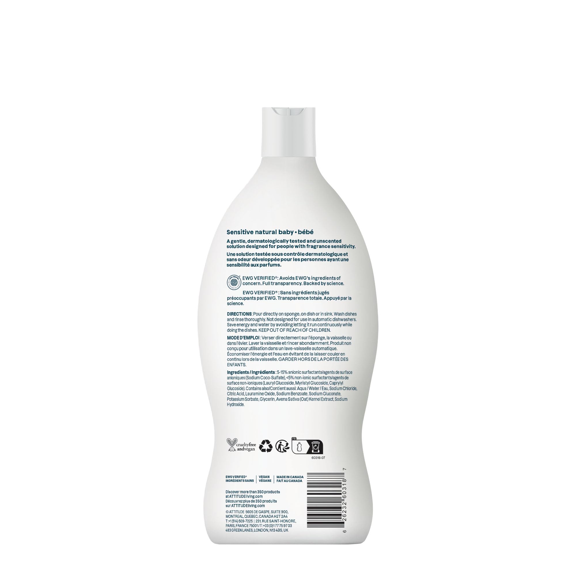 ATTITUDE Baby Bottle & Dish Soap with Oat Extract, EWG Verified Bottle Cleaner For Sensitive Skin, Fragrance Free & Dye Free, Removes Milk Residue & Grease, Vegan, Unscented, 700 mL