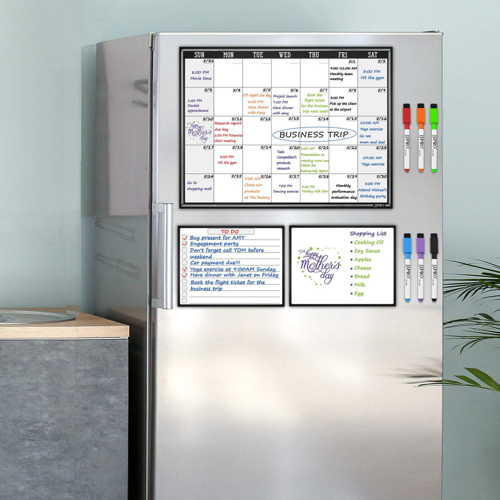 JJPRO Magnetic Dry Erase Monthly Calendar Whiteboard for Refrigerator-One Monthly Planner Whiteboard and Two Notes Boards Set for Fridge-Refrigerator Organizer with Monthly Planning Board