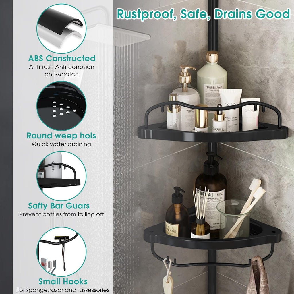 Shower Caddy Corner, 56 to 125 Inch Adjustable Tension Pole Corner Shower Caddy with ABS Baskets,Rustproof Stainless Pole, Drill Free Shower Rack, Large Shower Storage Shelf for Inside Shower