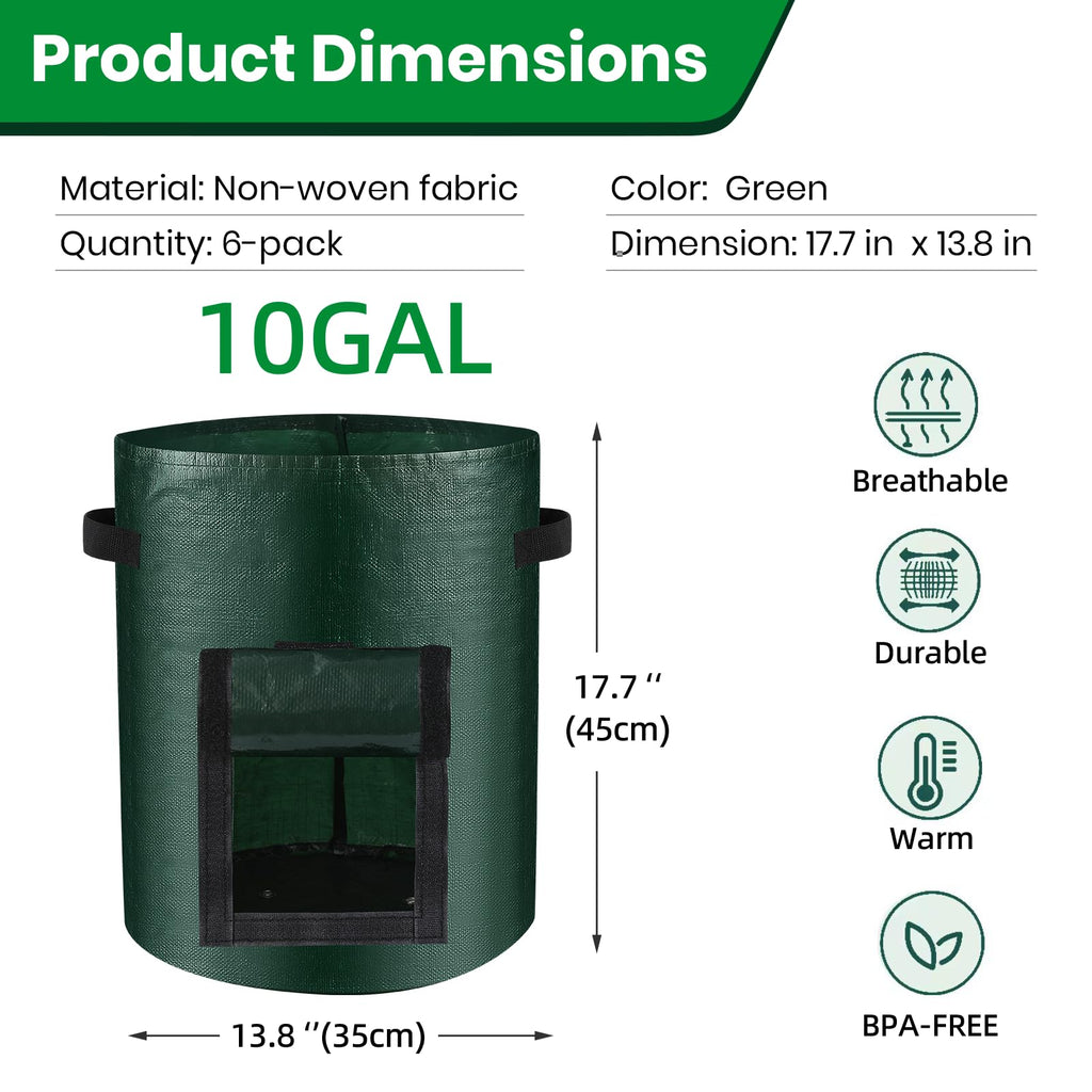 6 Pack Grow Bags, 10 Gallon Potato Growing Bags Durable PE Vegetable Planter Bag with Flap and Handles Large Garden Pots Potato Growing Containers for Vegetables, Fruits and More