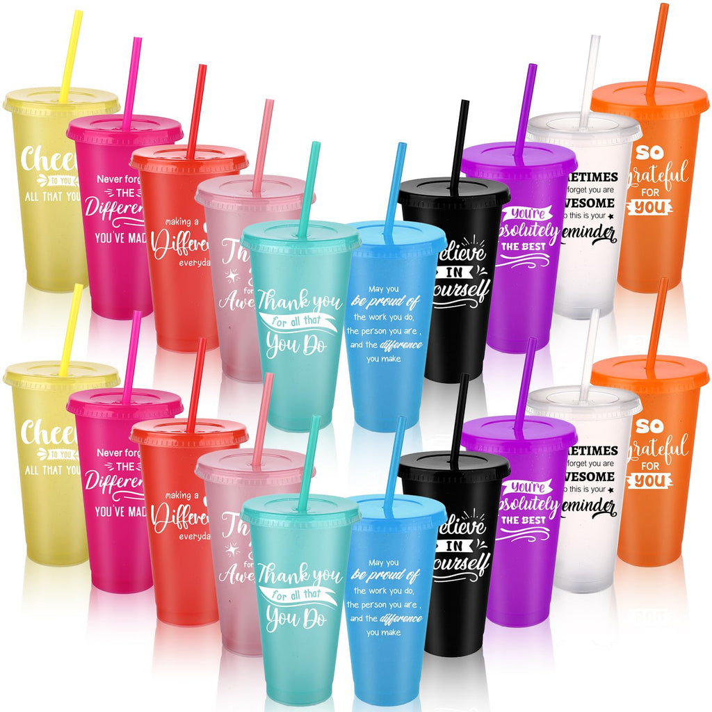 20 Pcs Thank You Tumblers Bulk 24 oz Inspirational Plastic Cups Glitter Reusable Tumblers with Straw and Lid Iced Coffee Water Bottle for Teacher Nurse Coworker Staff Employee Appreciation Gifts