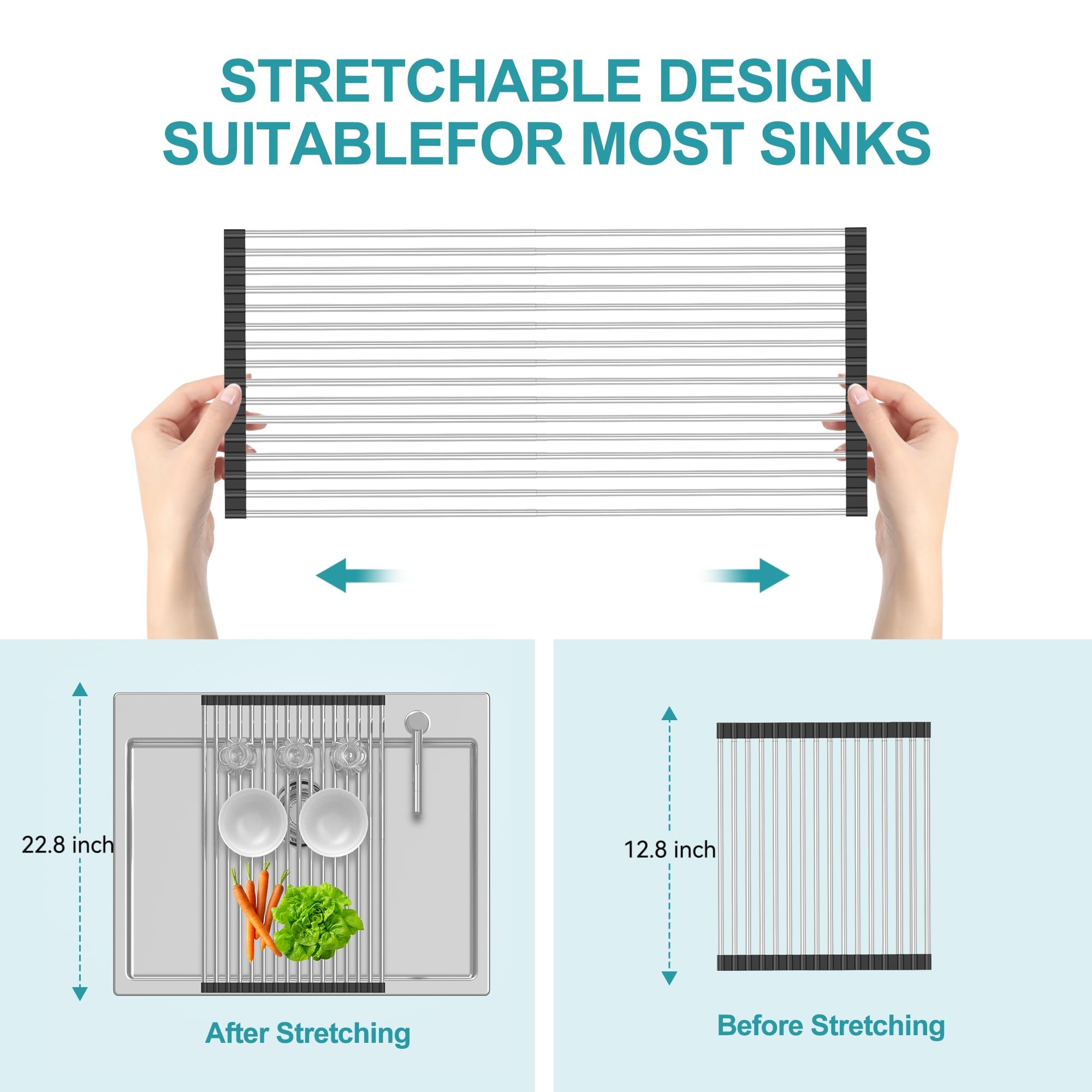 BBXTYLY Extra Large Expandable Roll Up Dish Drying Rack,Over The Sink Drying Rack Sink Cover Kitchen Sink Accessories Kitchen Rolling up Stainless Steel Drainer, Foldable,Rollable（Black，22.8''-12.4''）