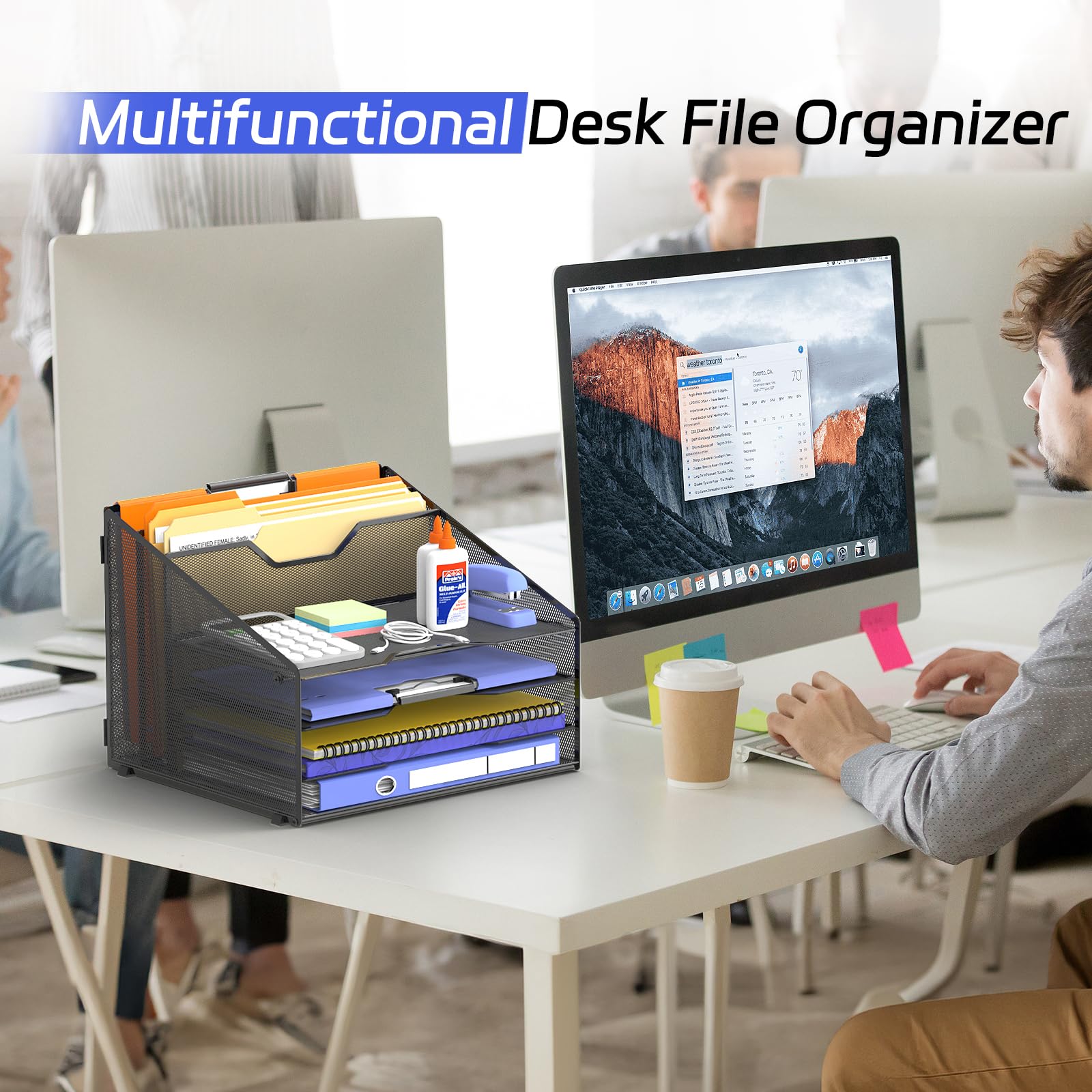 4-Tier Desk Organizer with File Holder, Desktop Letter Tray Holder with 3 Paper Trays and 2 Vertical Section for Folder, Black