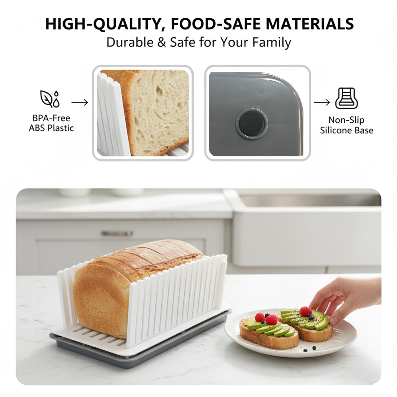 New Upgrade Bread Slicer for Homemade Bread, Adjustable Width, Foldable and Compact Cutting Guide with Crumb Tray, Suitability for Homemade Bread, Bagels, Cakes