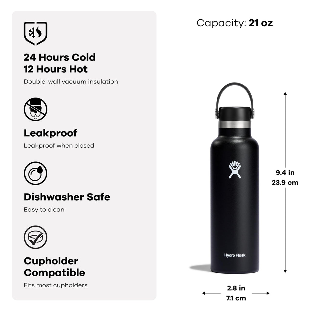 Hydro Flask 21 Oz Stainless Steel Standard Mouth Water Bottle with Flex Cap and Double-Wall Vacuum Insulation, Trillium